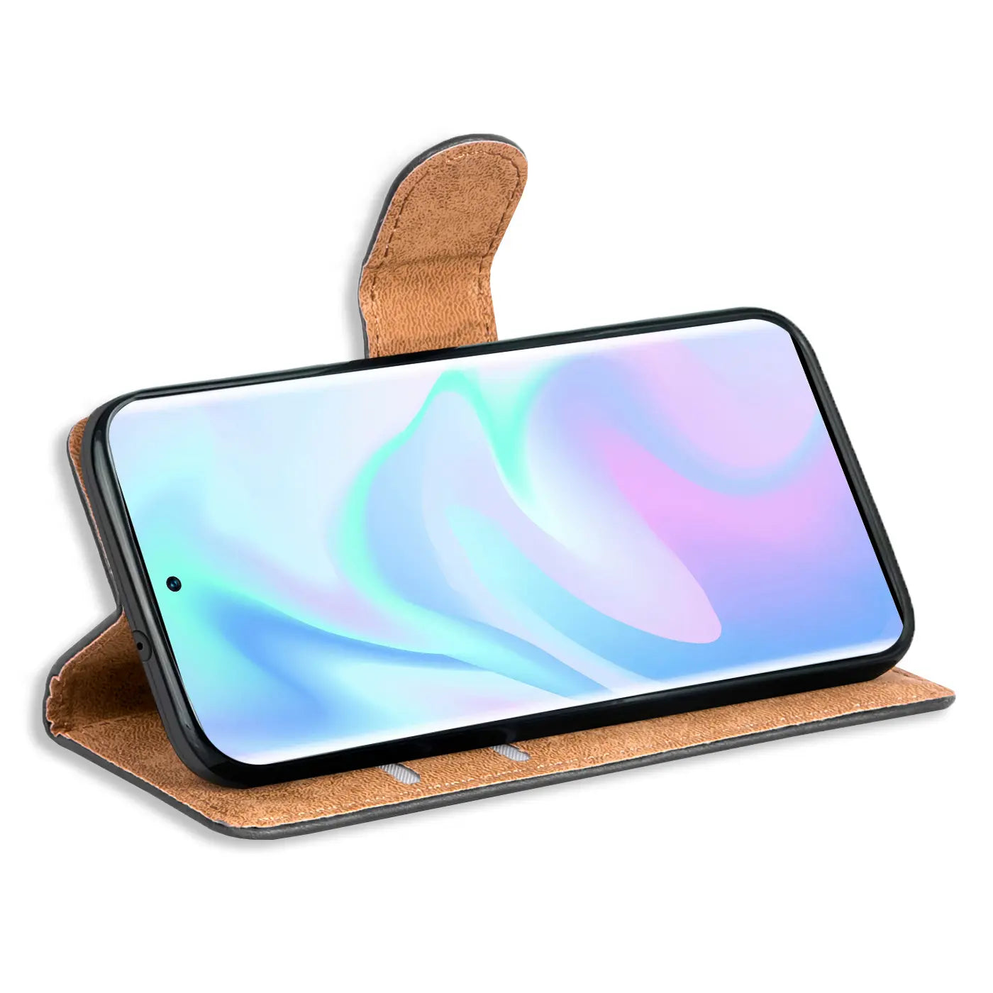 Braune Leder-Klapphülle mit Kartenfächern, ZTE Axon 30 Ultra, Seitenansicht.