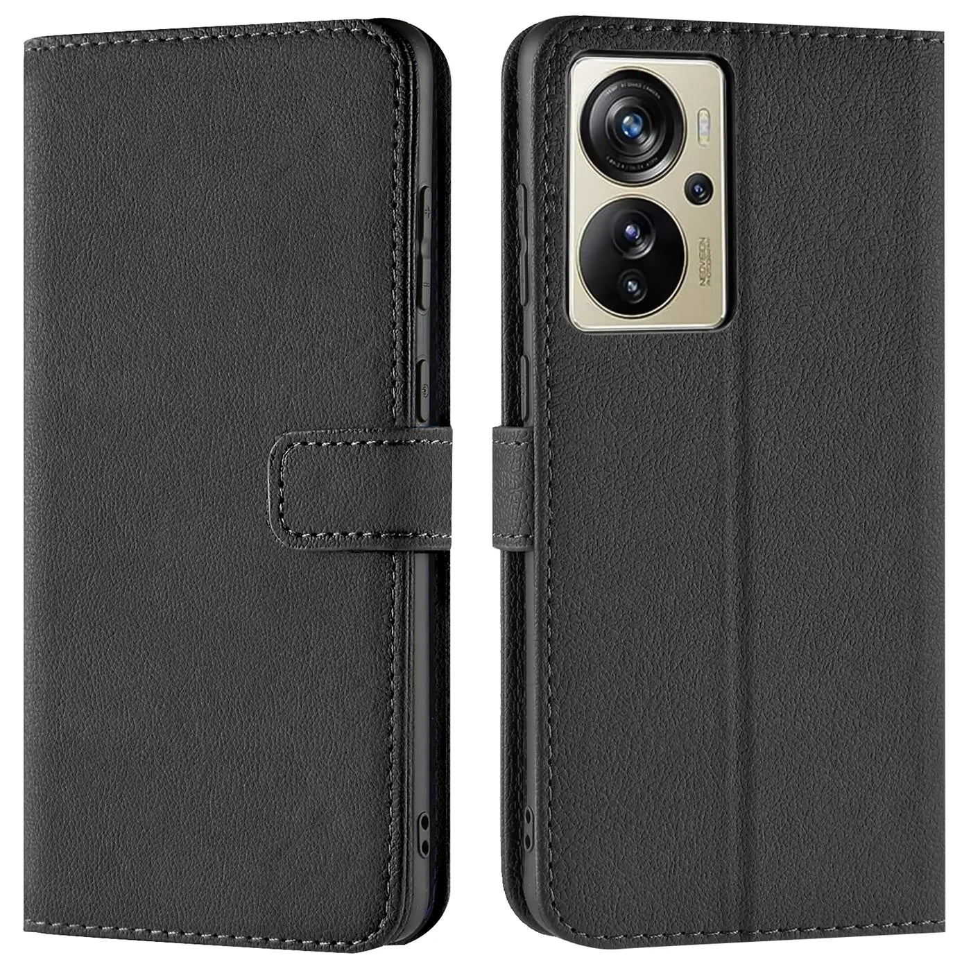 Schwarze Leder-Klapphülle mit Kartenfächern, Vorder- und Rückansicht, ZTE Axon 40 Pro.