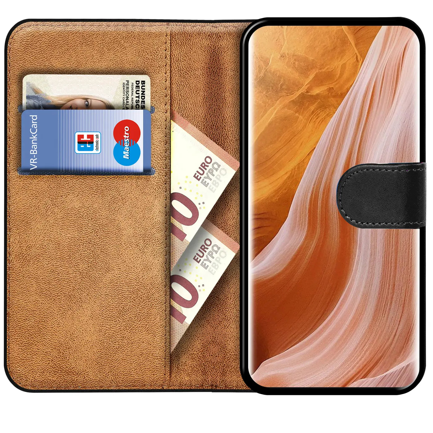Braune Kunstleder-Klapphülle mit Kartenfächern und Geldscheinfach, zeigt ZTE Axon 40 Pro.