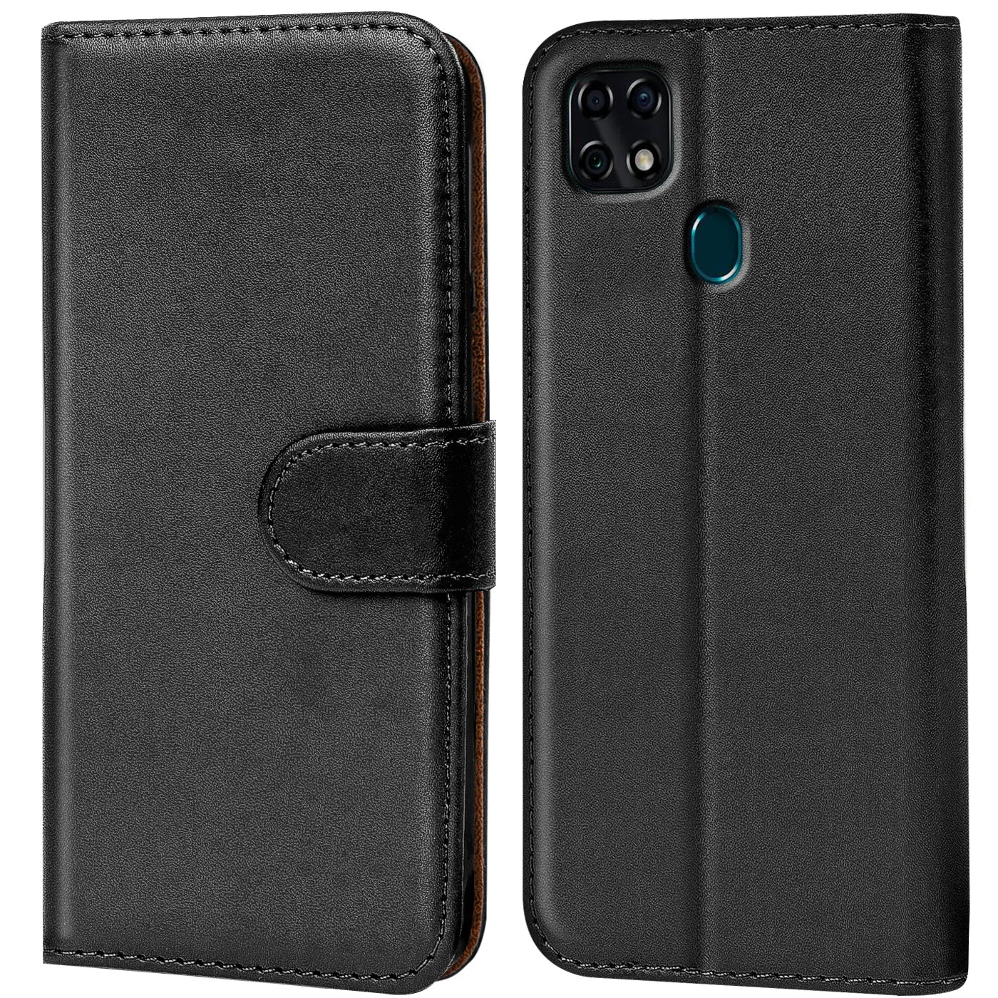 Schwarze Leder-Klapphülle mit Kartenfächern, Vorder- und Rückansicht, für ZTE Blade 10 Smart.
