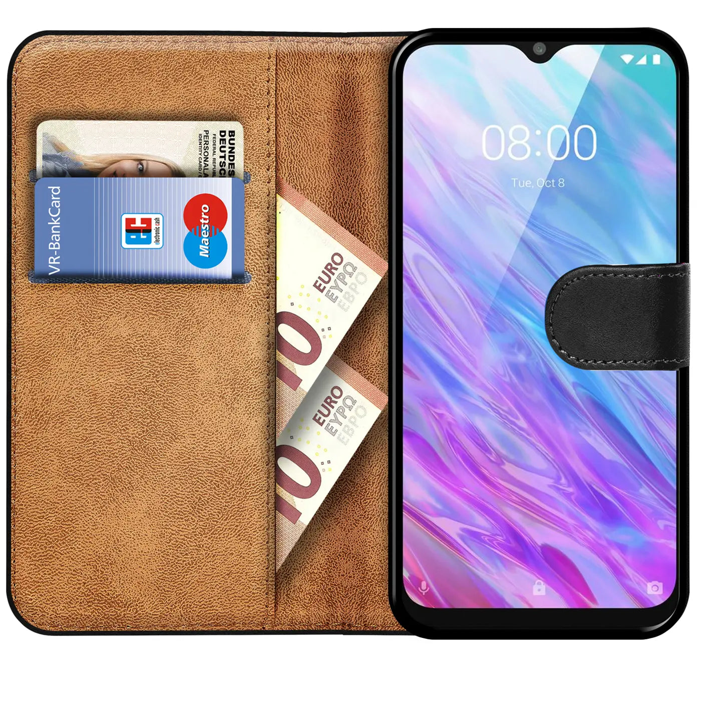 Braune Leder-Klapphülle mit Kartenfächern und Geldscheinen, zeigt ZTE Blade 10 Smart.