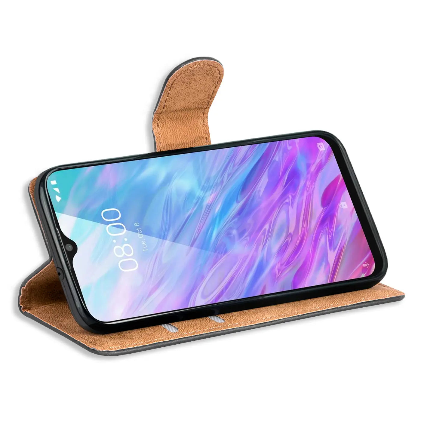 Braune Leder-Klapphülle mit Kartenfächern, seitliche Ansicht, zeigt ZTE Blade 10 Smart.