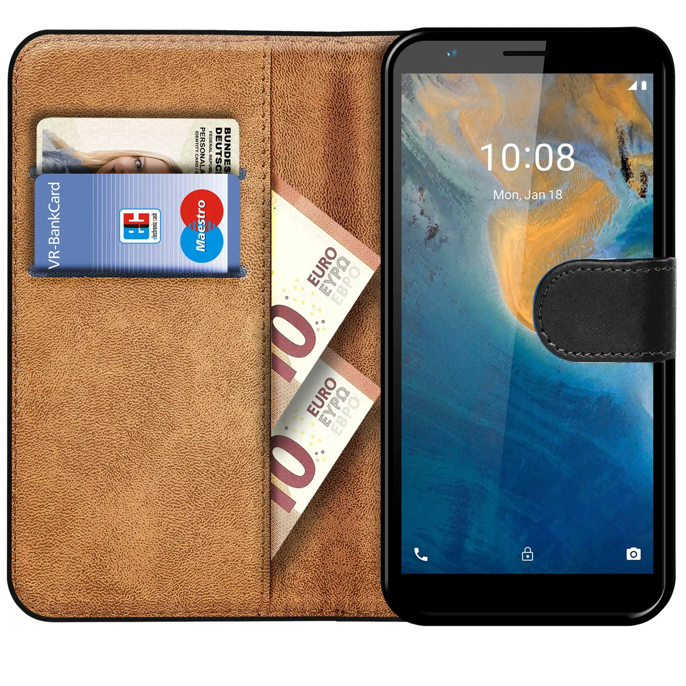Braune Kunstleder-Klapphülle mit Kartenfächern und Geldscheinfach, zeigt ZTE Blade A31 Lite.