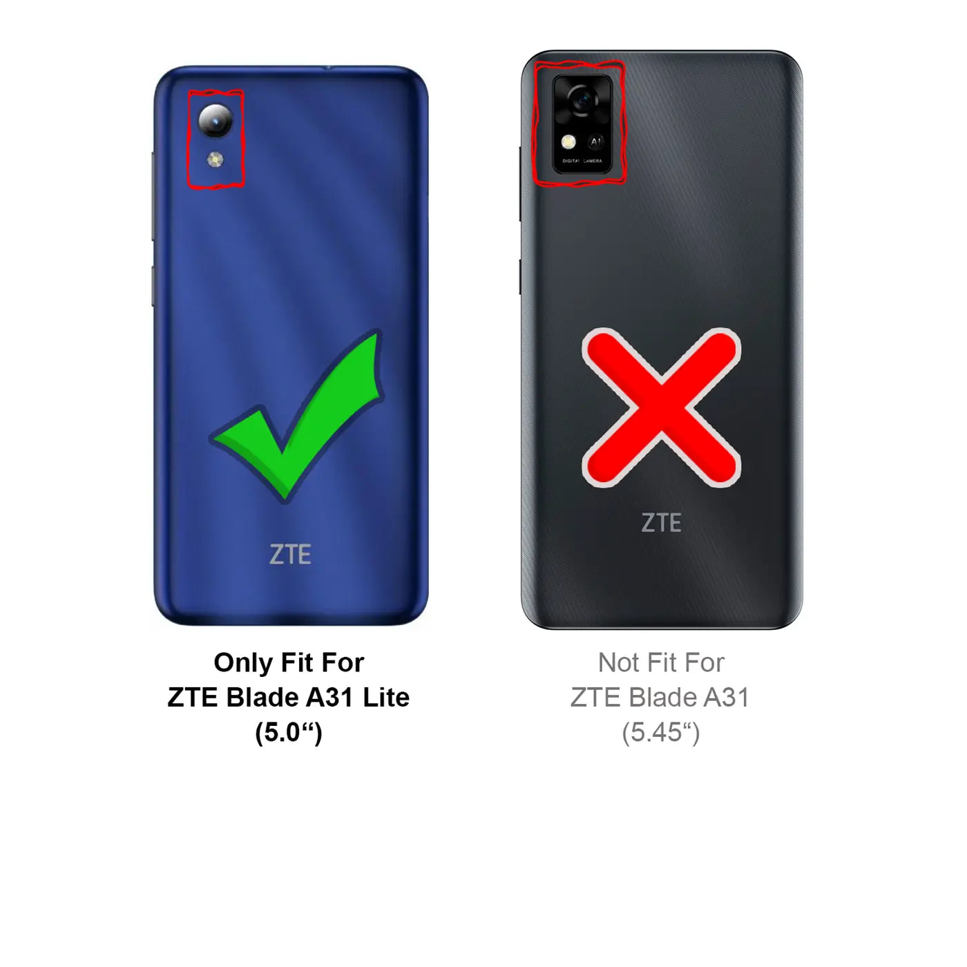 Zwei ZTE Handys, blau (passt) und dunkelgrau (passt nicht), Rückansicht.