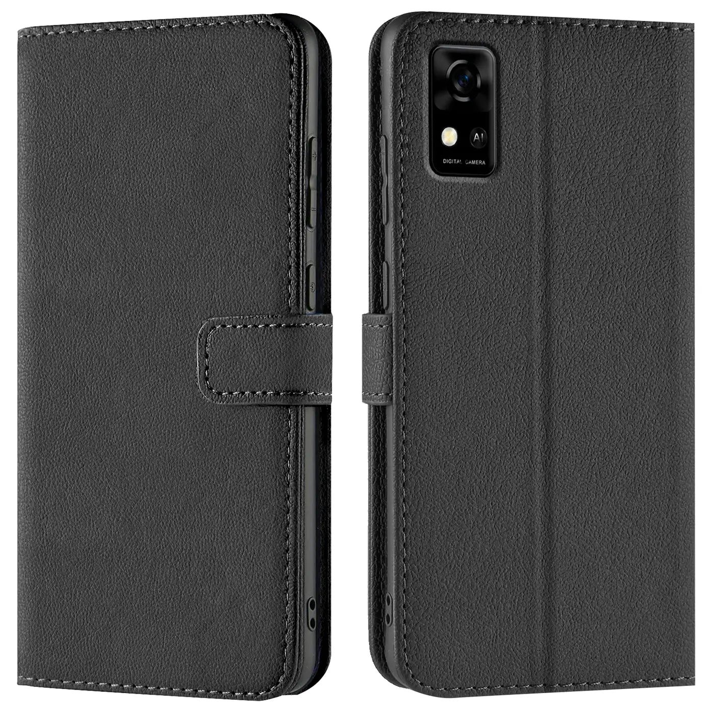 Schwarze Kunstleder-Klapphülle mit Kartenfächern, Vorder- und Rückansicht, ZTE Blade A31.
