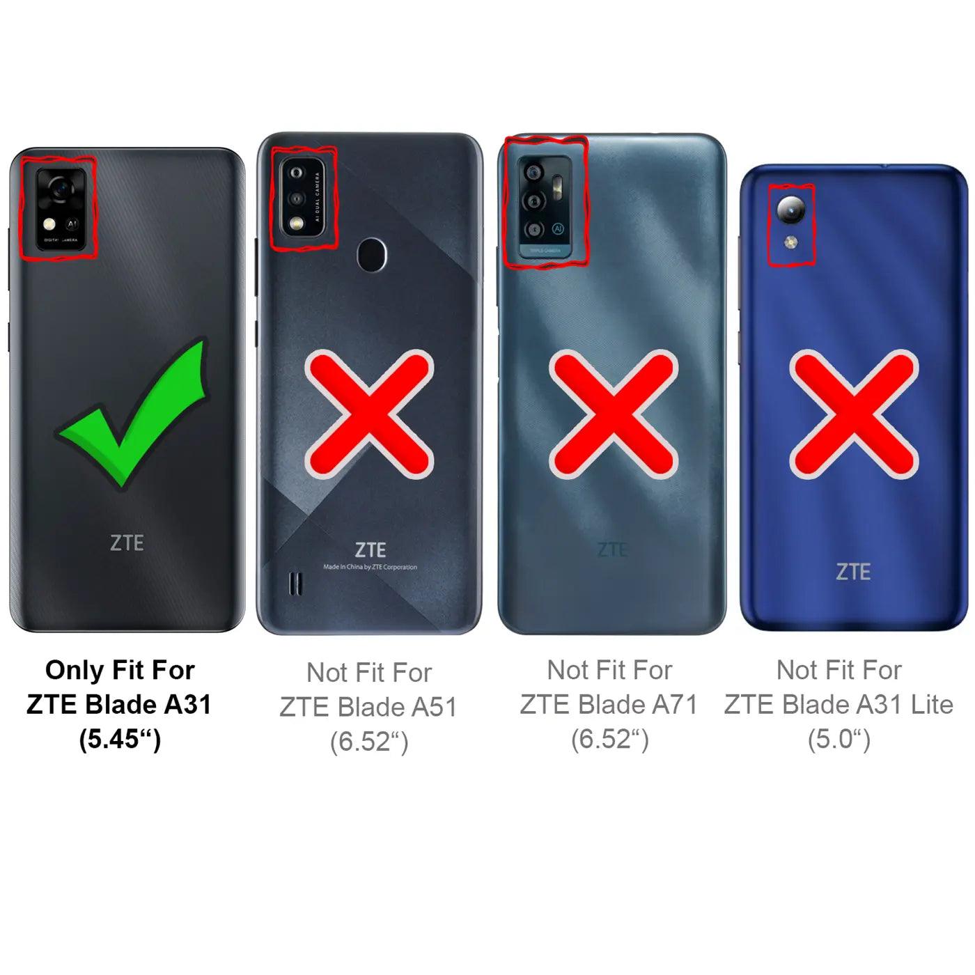 Vier Rückseiten von ZTE Smartphones, eine mit grünem Haken, drei mit roten Kreuzen.