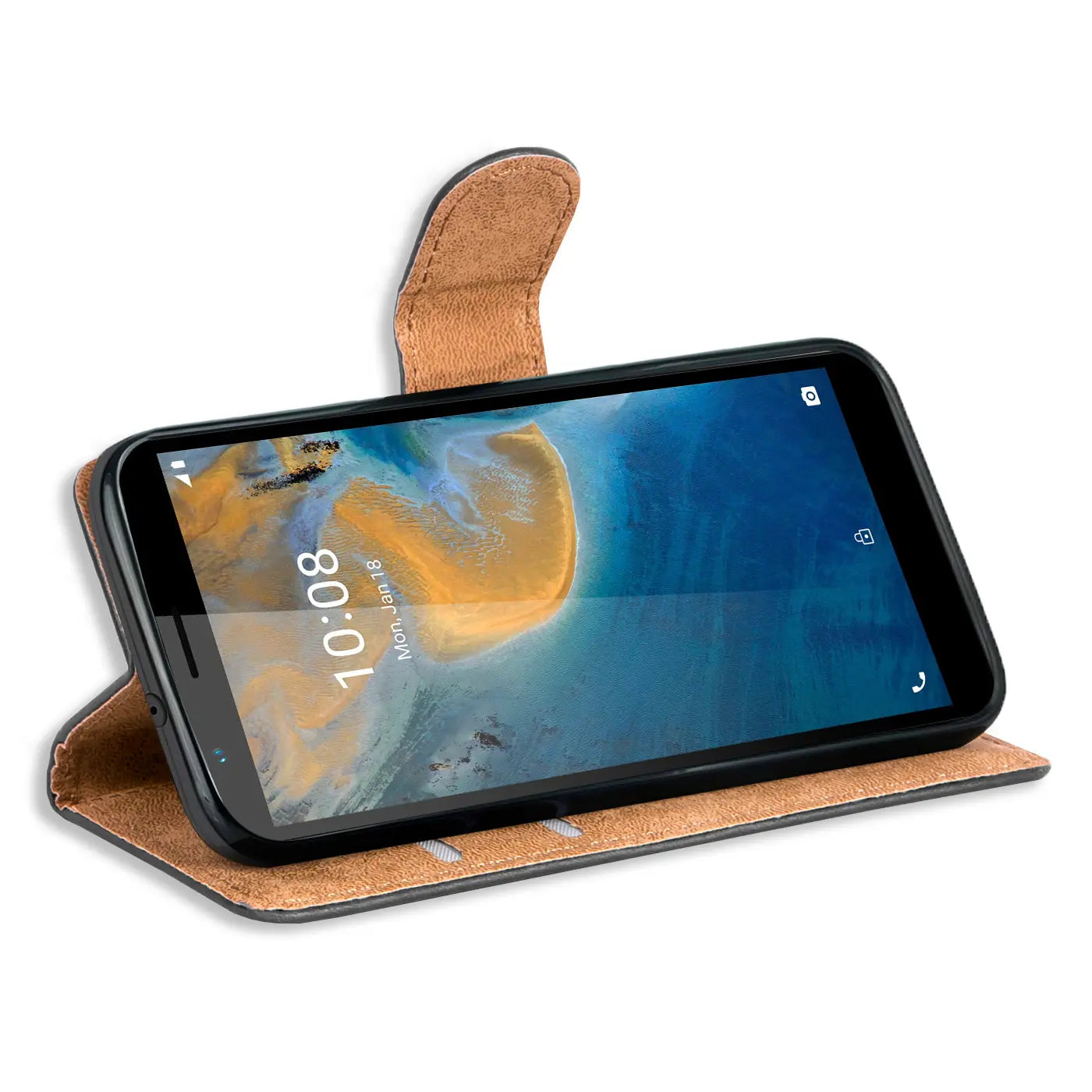 Braune Leder-Klapphülle mit Kartenfächern für ZTE Blade A31, von vorne schräg gezeigt.