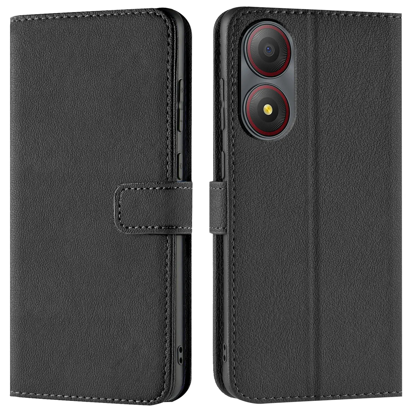 Schwarze Leder-Klapphülle mit Kartenfächern, Vorder- und Rückansicht, ZTE Blade A34.