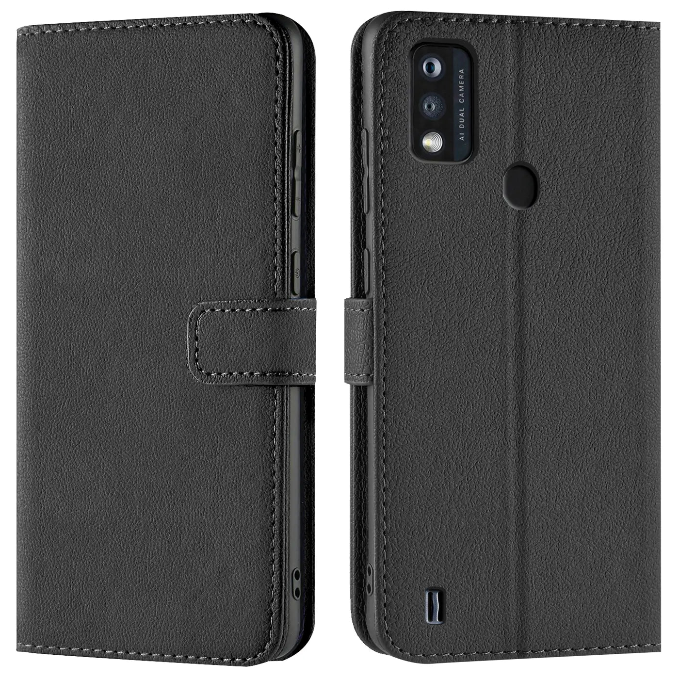 Schwarze Leder-Klapphülle mit Kartenfächern, Vorder- und Rückansicht, für ZTE Blade A51.
