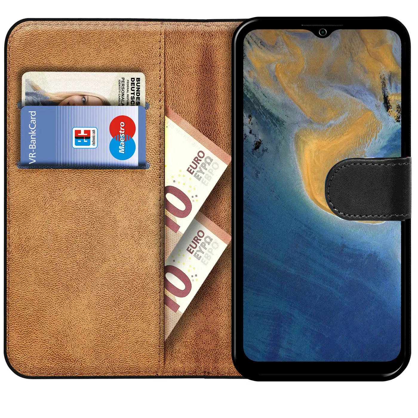 Braune Kunstleder-Klapphülle mit Kartenfächern und Geldscheinfach, zeigt ZTE Blade A51.