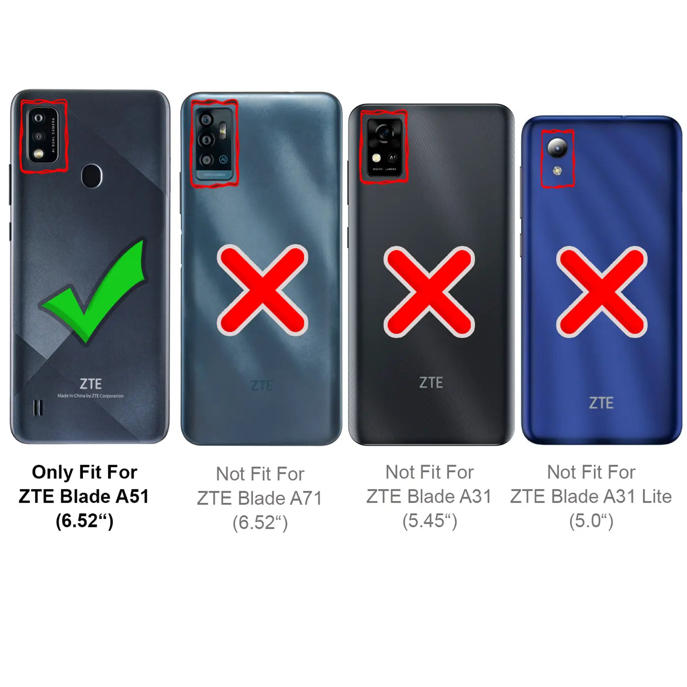 Vier ZTE Smartphones, Rückansicht. Eines mit grünem Haken, drei mit rotem Kreuz.