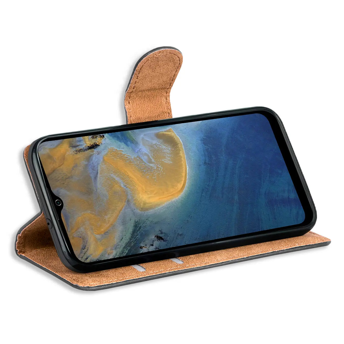 Braune Leder-Klapphülle mit Kartenfächern für ZTE Blade A51, Seitenansicht.