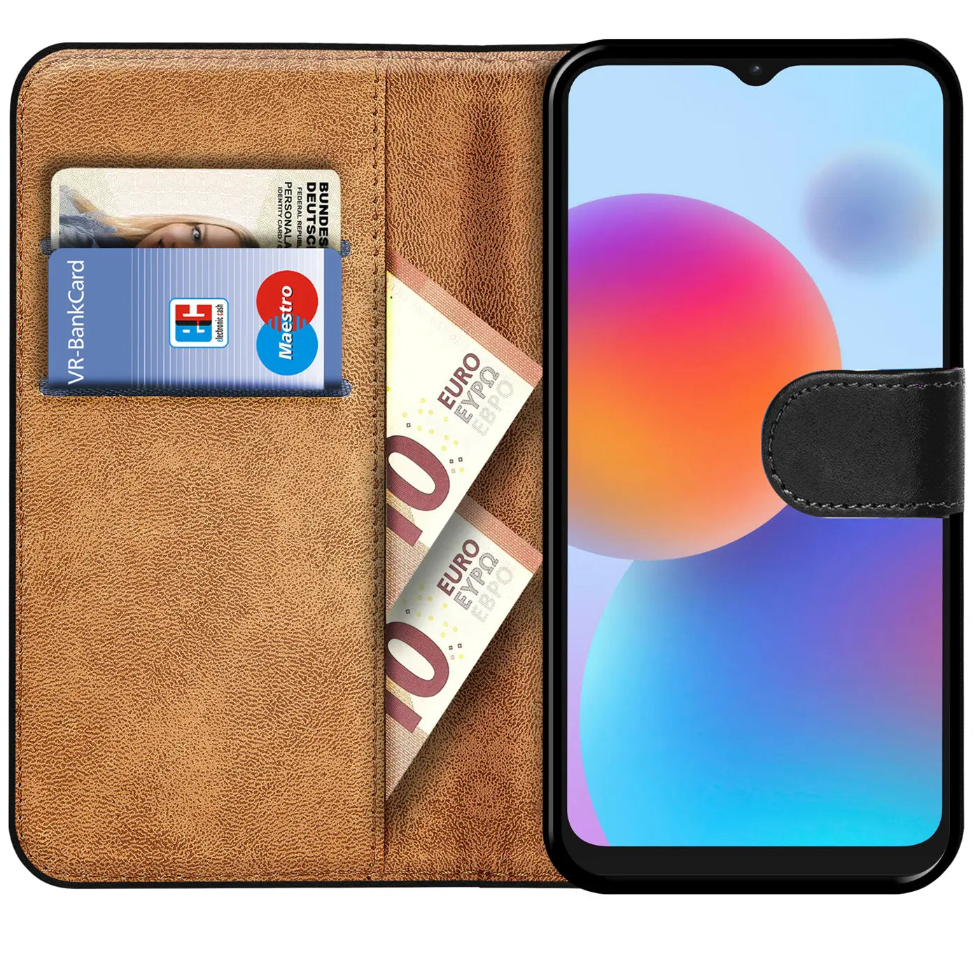 Braune Kunstleder-Klapphülle mit Kartenfächern, zeigt ein Smartphone mit bunter Anzeige.