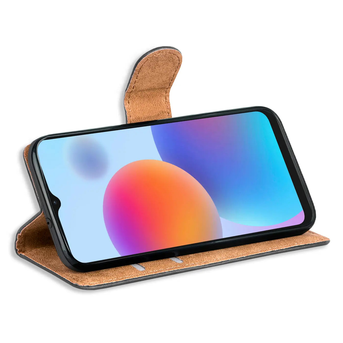 Braune Kunstleder-Klapphülle mit Kartenfächern, ZTE Blade A52, Seitenansicht.
