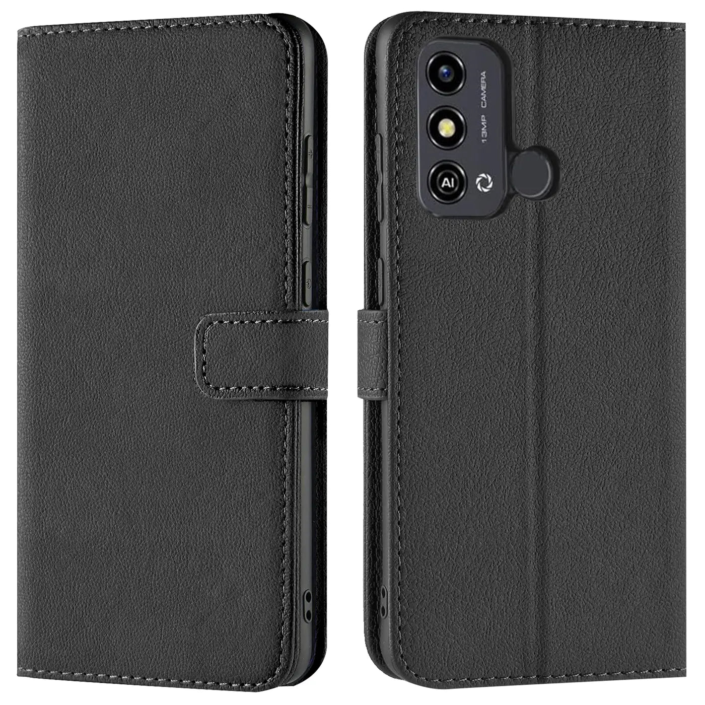Schwarze Kunstleder-Klapphülle mit Kartenfächern, Vorder- und Rückansicht, ZTE Blade A53 Plus erkennbar.