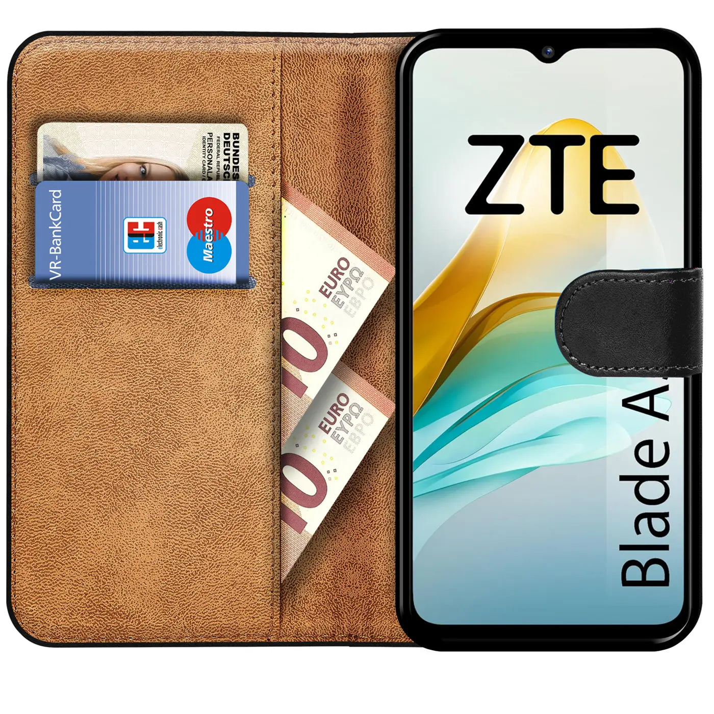 Braune Kunstleder-Klapphülle mit Kartenfächern und Geldscheinfach, zeigt ZTE Blade A53 Plus.