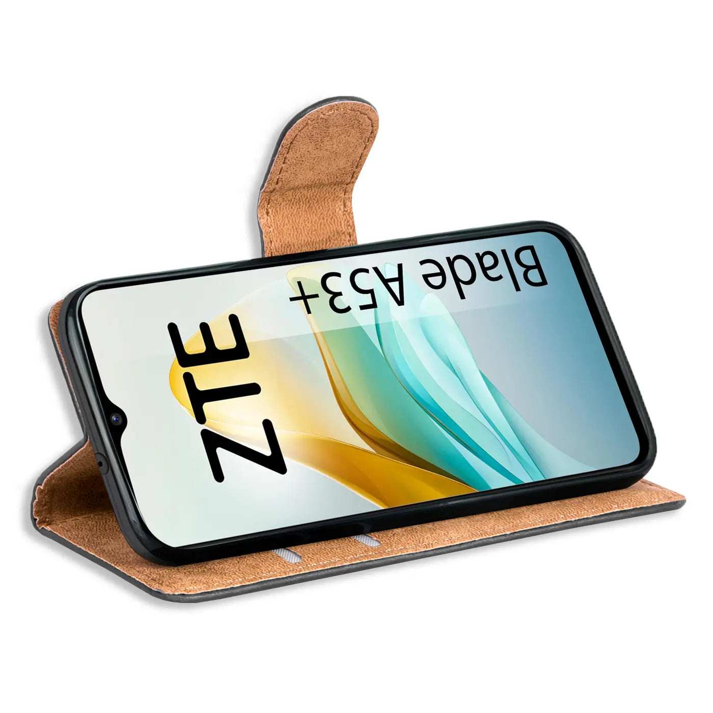 Braune Kunstleder-Klapphülle mit Kartenfächern, zeigt ZTE Blade A53 Plus von vorne.