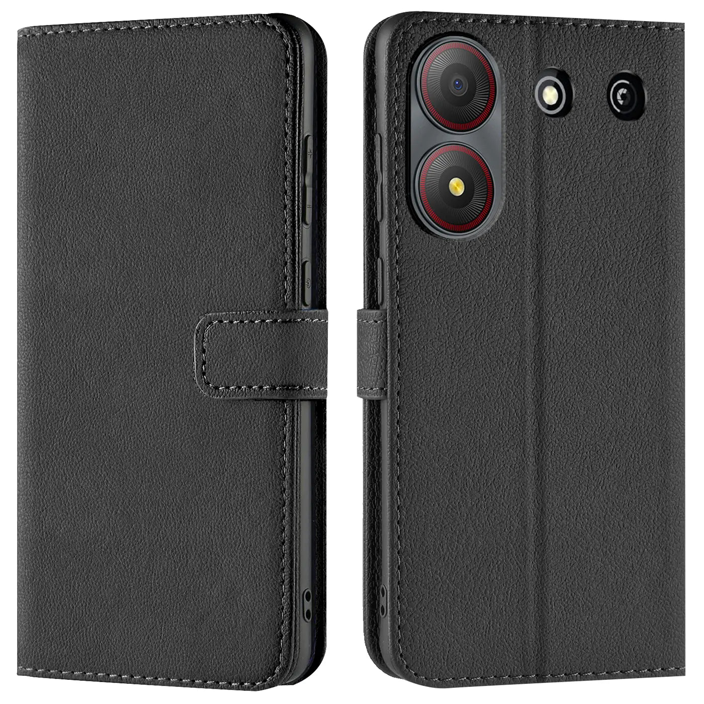 Schwarze Leder-Klapphülle mit Kartenfächern, Vorder- und Rückansicht, ZTE Blade A54.