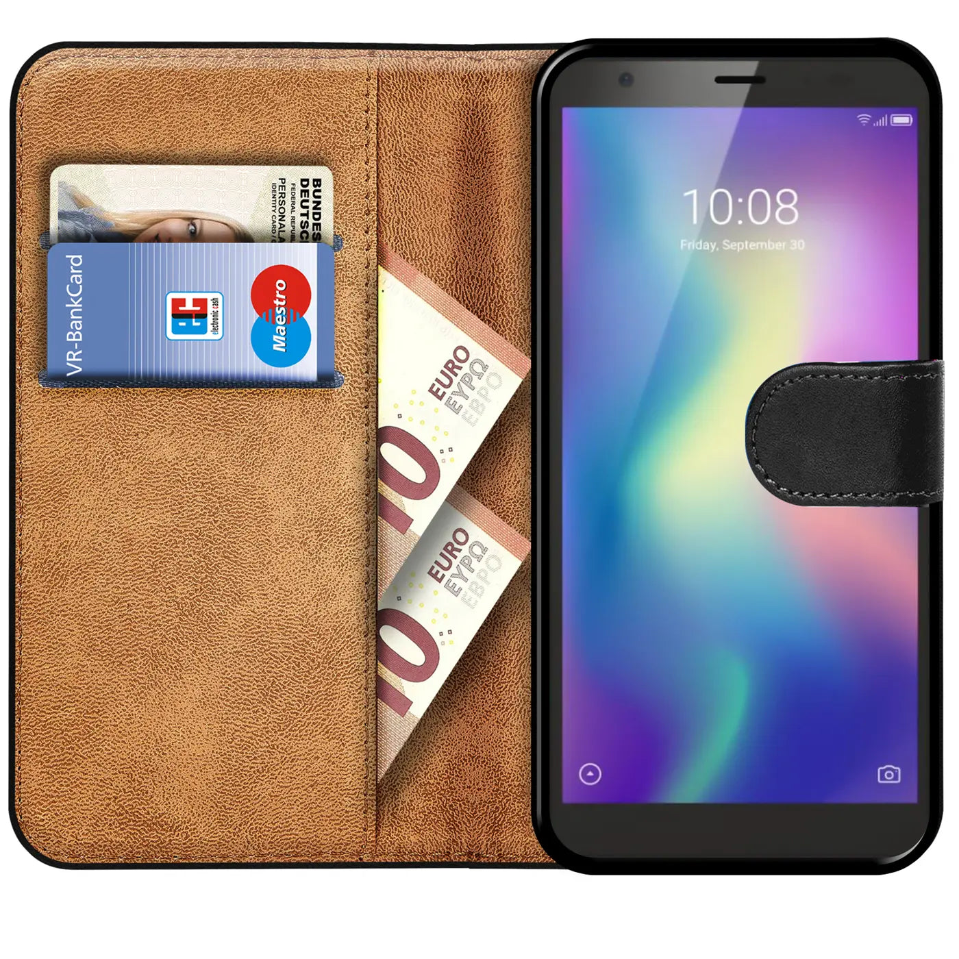 Braune Kunstleder-Klapphülle mit Kartenfächern und Geldscheinen, zeigt ein ZTE Blade A5 2019.