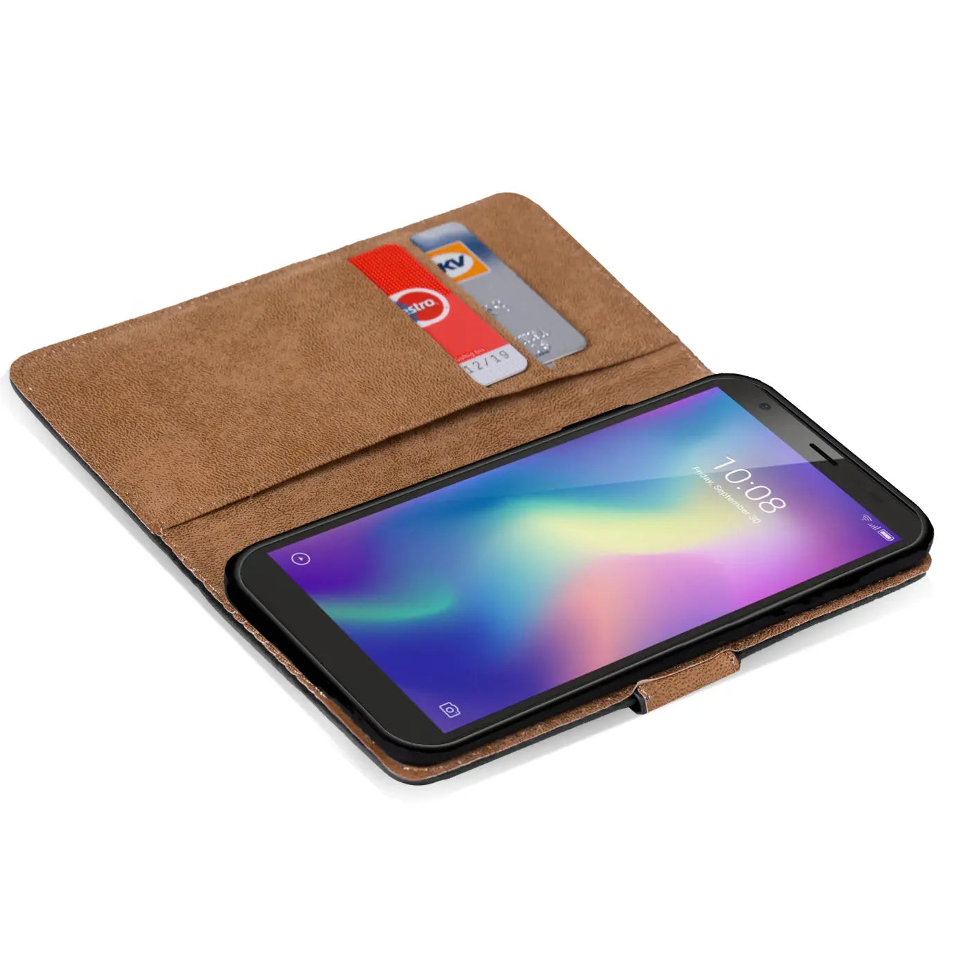 Braune Kunstleder-Klapphülle mit Kartenfächern, zeigt ein ZTE Blade A5 2019.