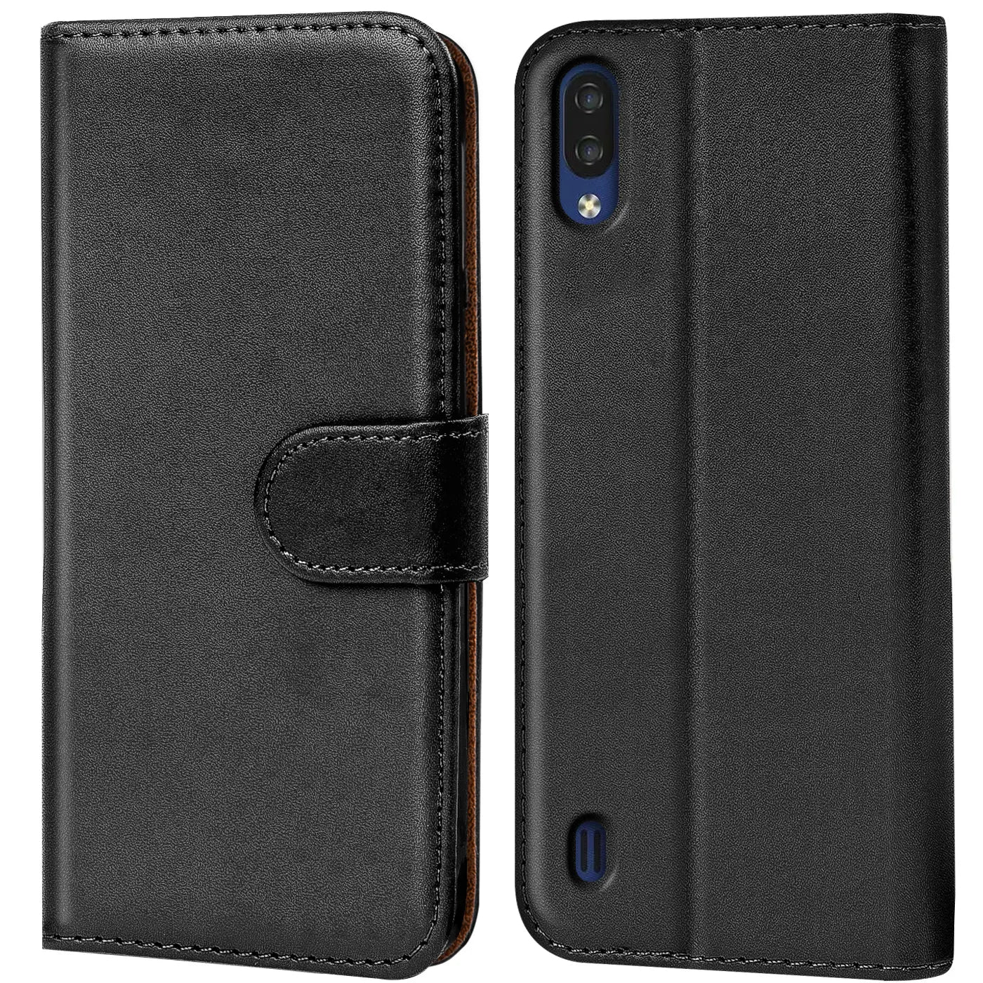 Schwarze Leder-Klapphülle mit Kartenfächern, Vorder- und Rückansicht, ZTE Blade A5 2020 erkennbar.