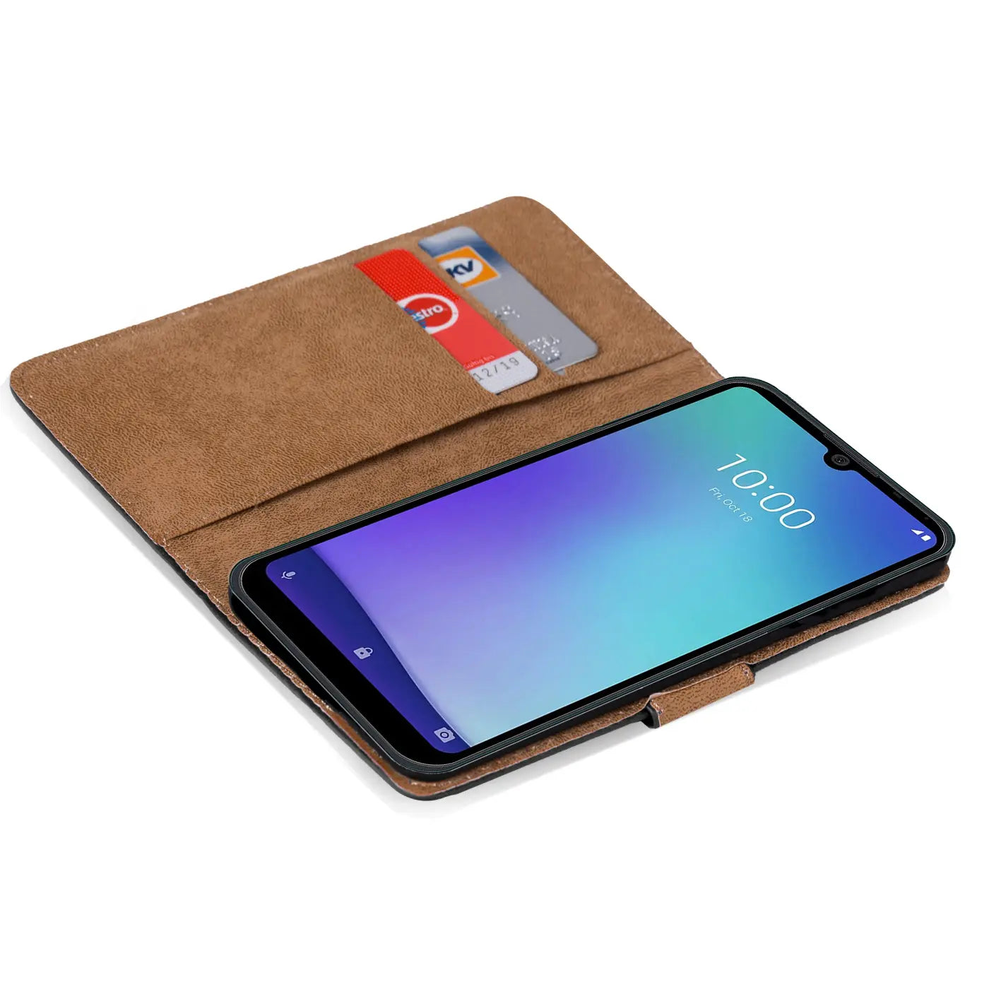 Braune Kunstleder Klapphülle mit Kartenfächern, zeigt ein ZTE Blade A5 2020.