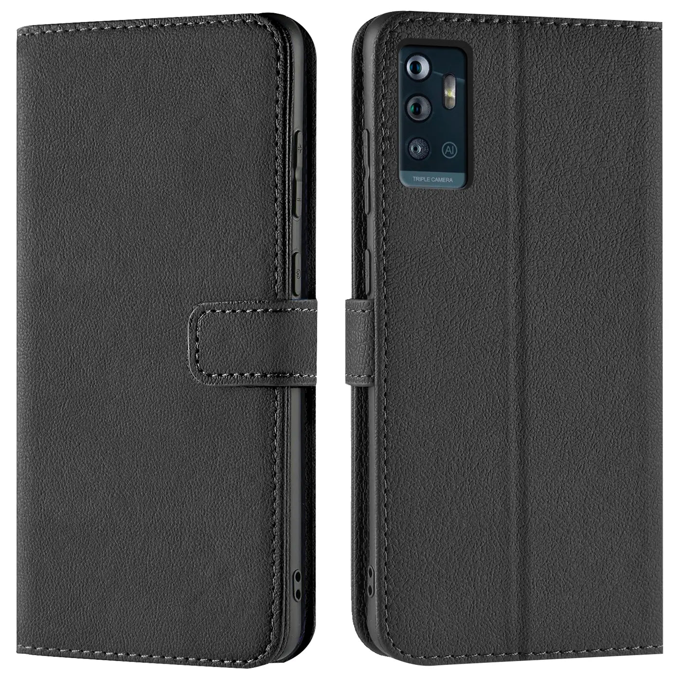 Schwarze Kunstleder-Klapphülle mit Kartenfächern, Vorder- und Rückansicht, ZTE Blade A71.