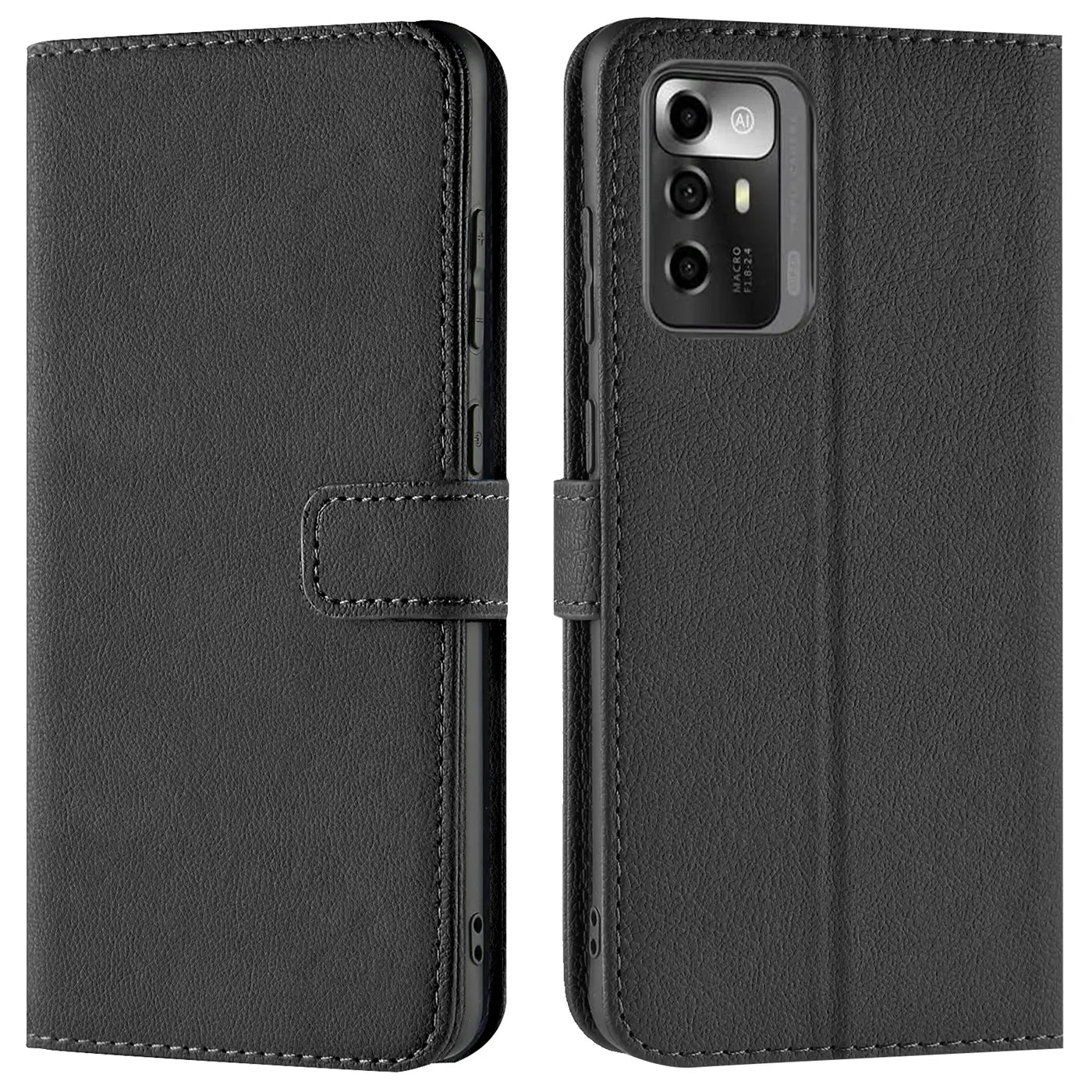 Schwarze Leder-Klapphülle mit Kartenfächern, Vorder- und Rückansicht, für ZTE Blade A72 5G.