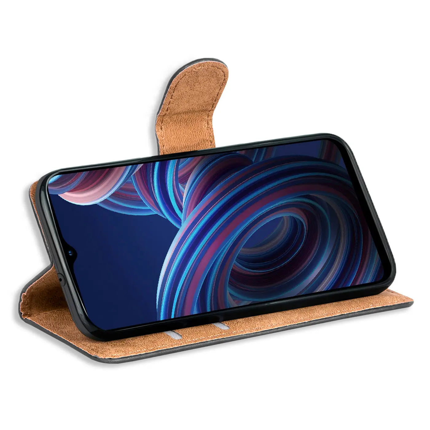 Braune Kunstleder-Klapphülle mit offenem ZTE Blade A72 5G, von vorne schräg.
