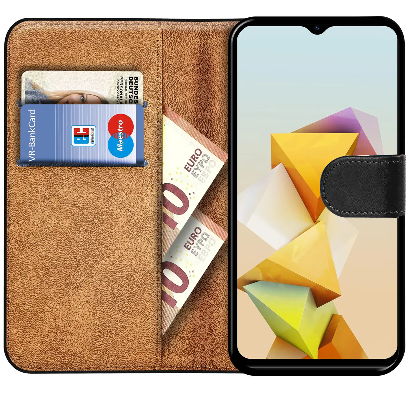Braune Leder-Klapphülle mit Kartenfächern und Geldscheinen, zeigt ein Smartphone mit buntem Hintergrund.