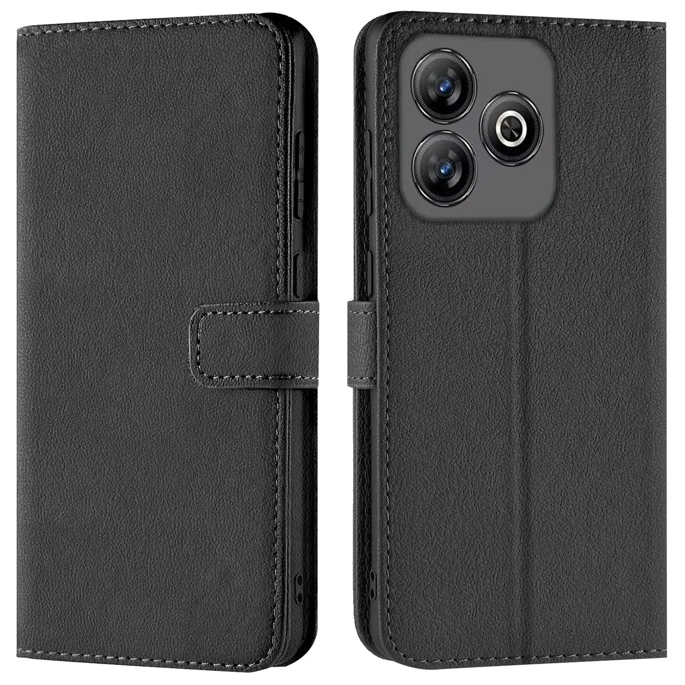 Schwarze Leder-Klapphülle mit Kartenfächern, Vorder- und Rückansicht, ZTE Blade A75.