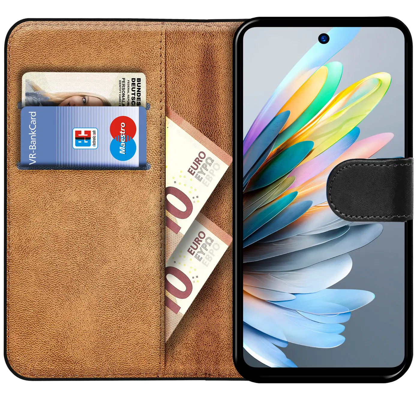 Braune Kunstleder-Klapphülle mit Kartenfächern und Geldscheinfach, zeigt ZTE Blade A75.