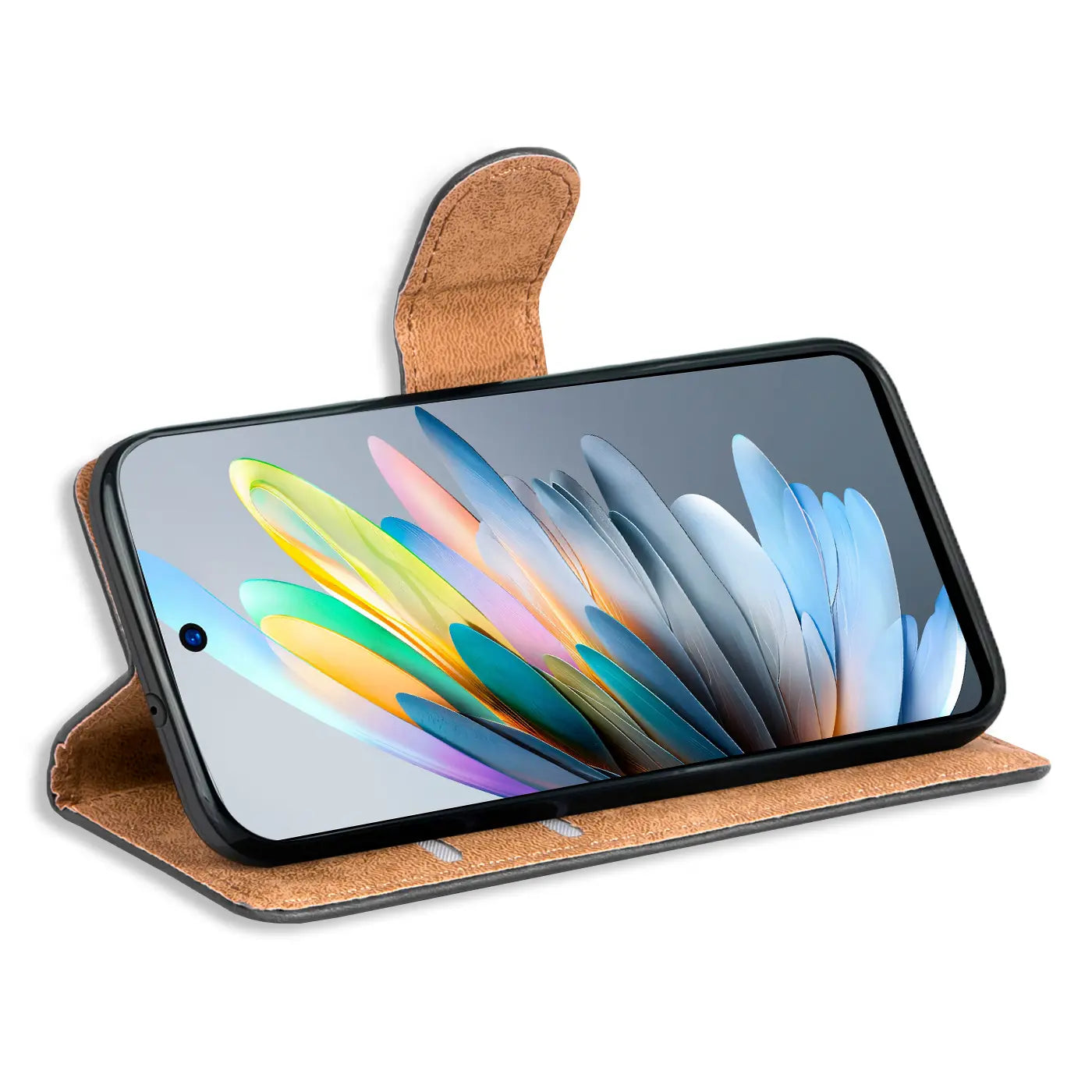 Braune Kunstleder-Klapphülle mit offenem ZTE Blade A75, seitliche Ansicht.