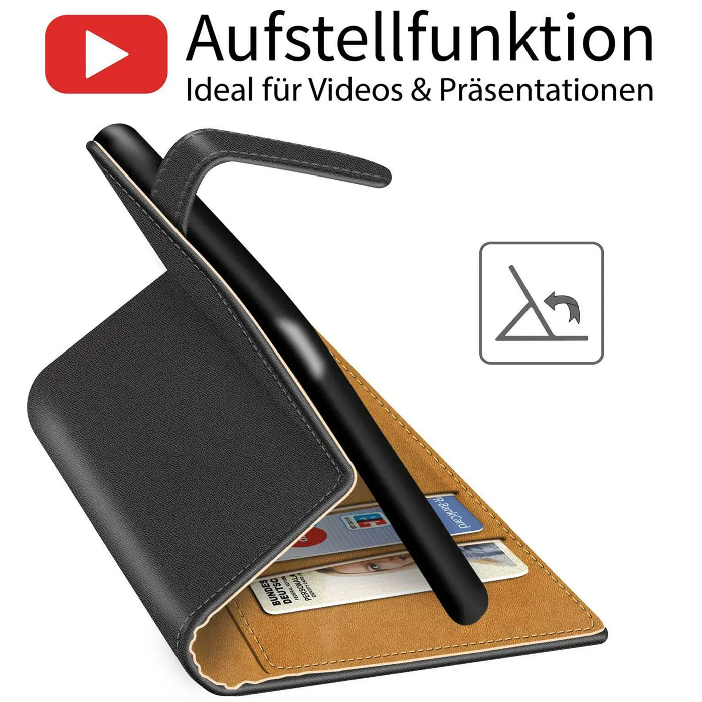 Schwarze Kunstleder-Klapphülle mit Kartenfächern, aufgestellt, zeigt Smartphone.
