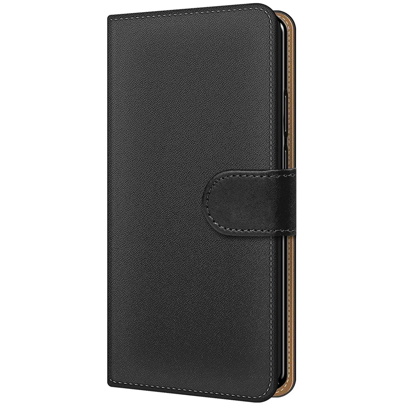 Schwarze Leder-Klapphülle mit Magnetverschluss, seitliche Ansicht, zeigt ein Smartphone.