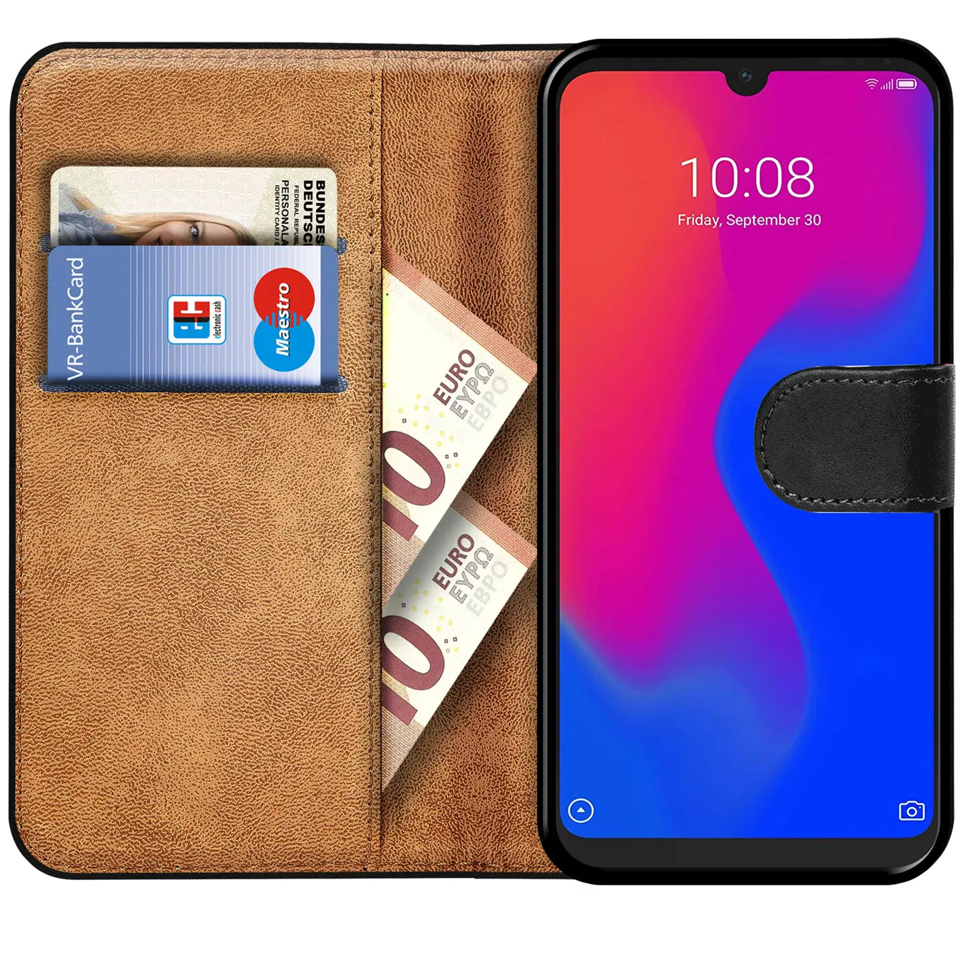 Braune Leder-Klapphülle mit Kartenfächern und Geldscheinen, zeigt ZTE Blade A7 2019.