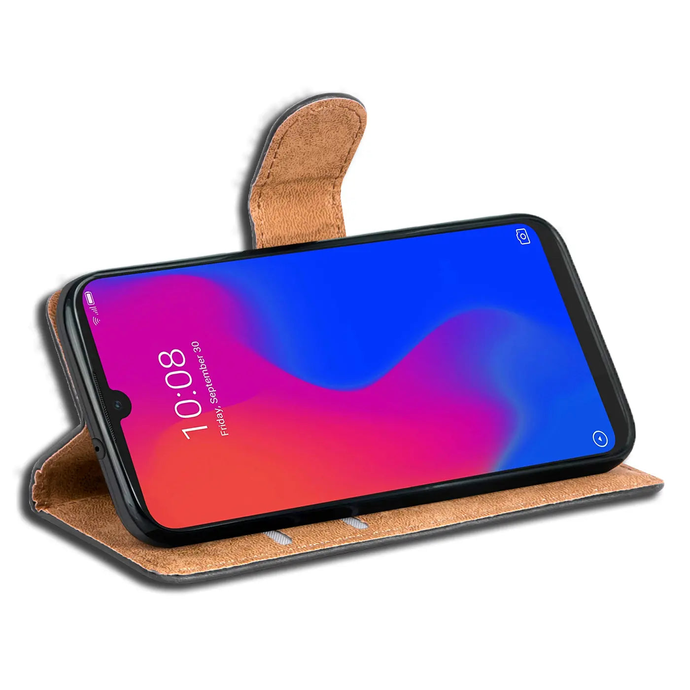 Braune Kunstleder-Klapphülle mit Kartenfächern, schräg von vorne, zeigt ZTE Blade A7 2019.