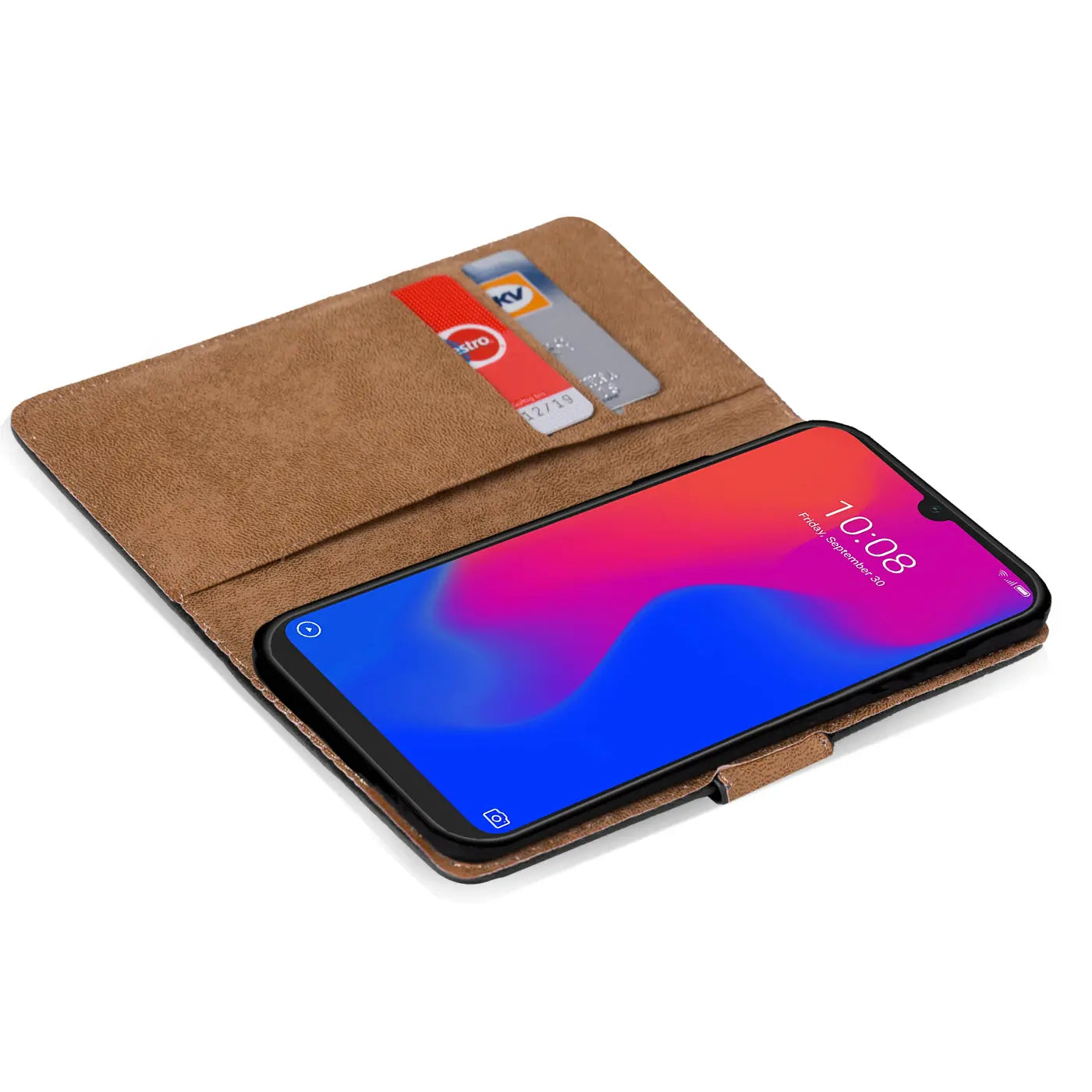 Braune Kunstleder-Klapphülle mit Kartenfächern, zeigt ein ZTE Blade A7 2019.