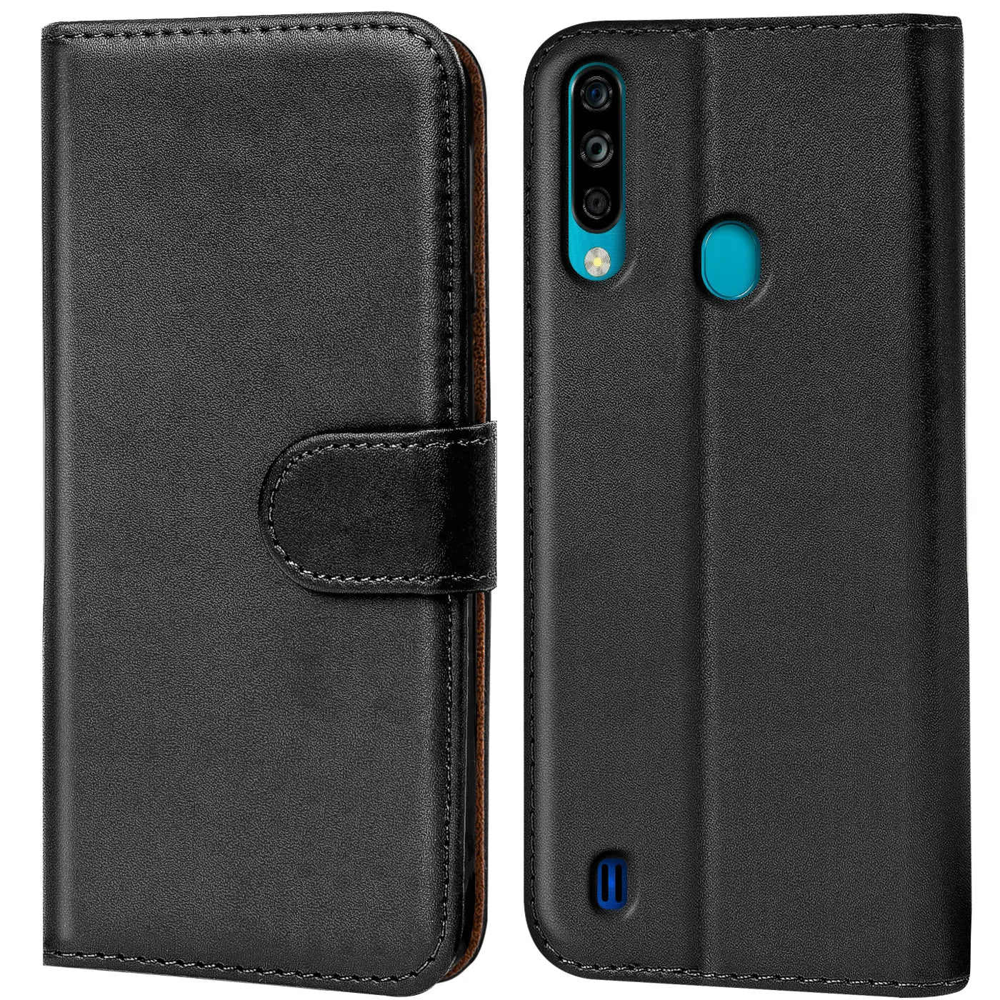 Schwarze Leder-Klapphülle mit Kartenfächern, Vorder- und Rückansicht, ZTE Blade A7 2020 erkennbar.