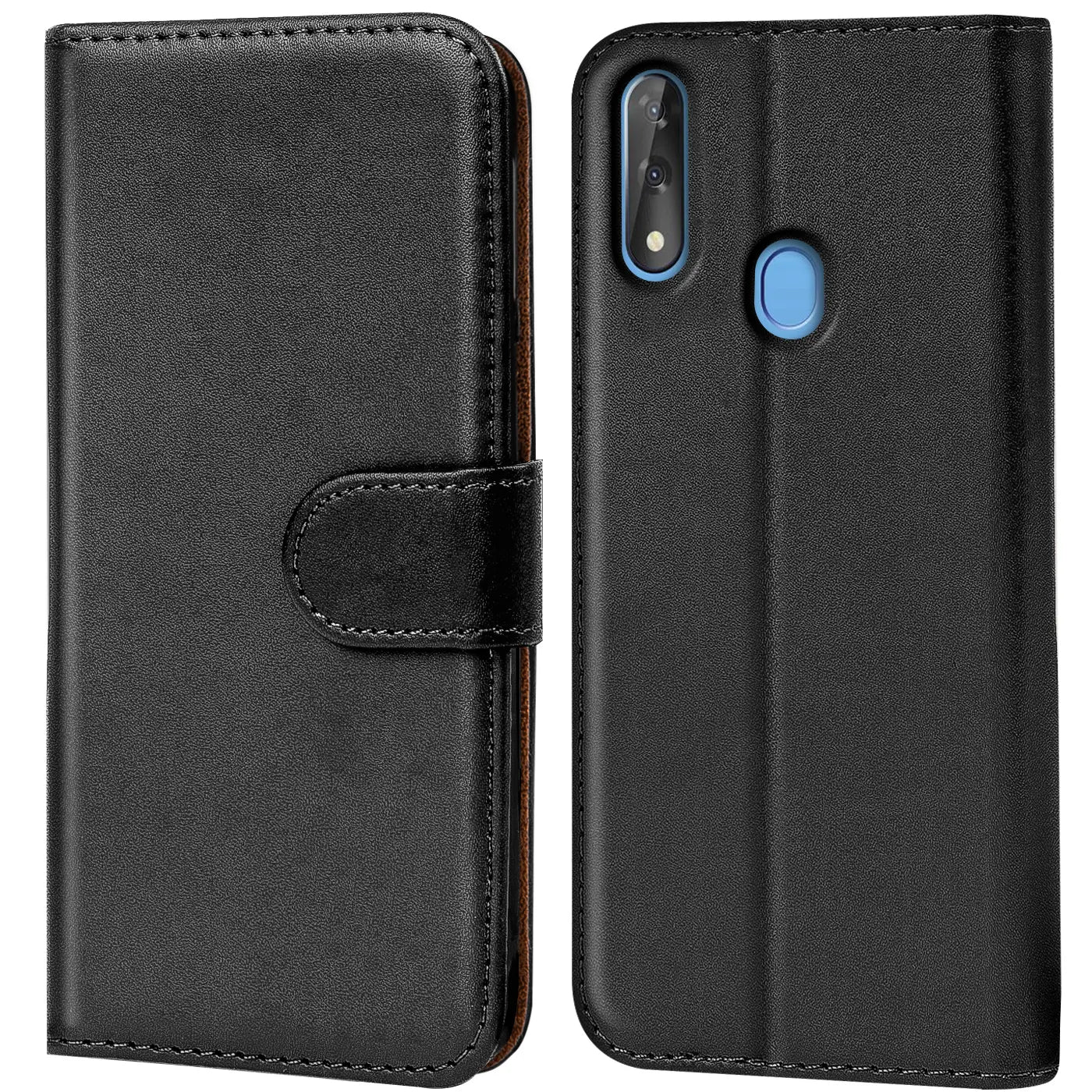 Schwarze Leder-Klapphülle mit Kartenfächern, Vorder- und Rückansicht, für ZTE Blade 10.