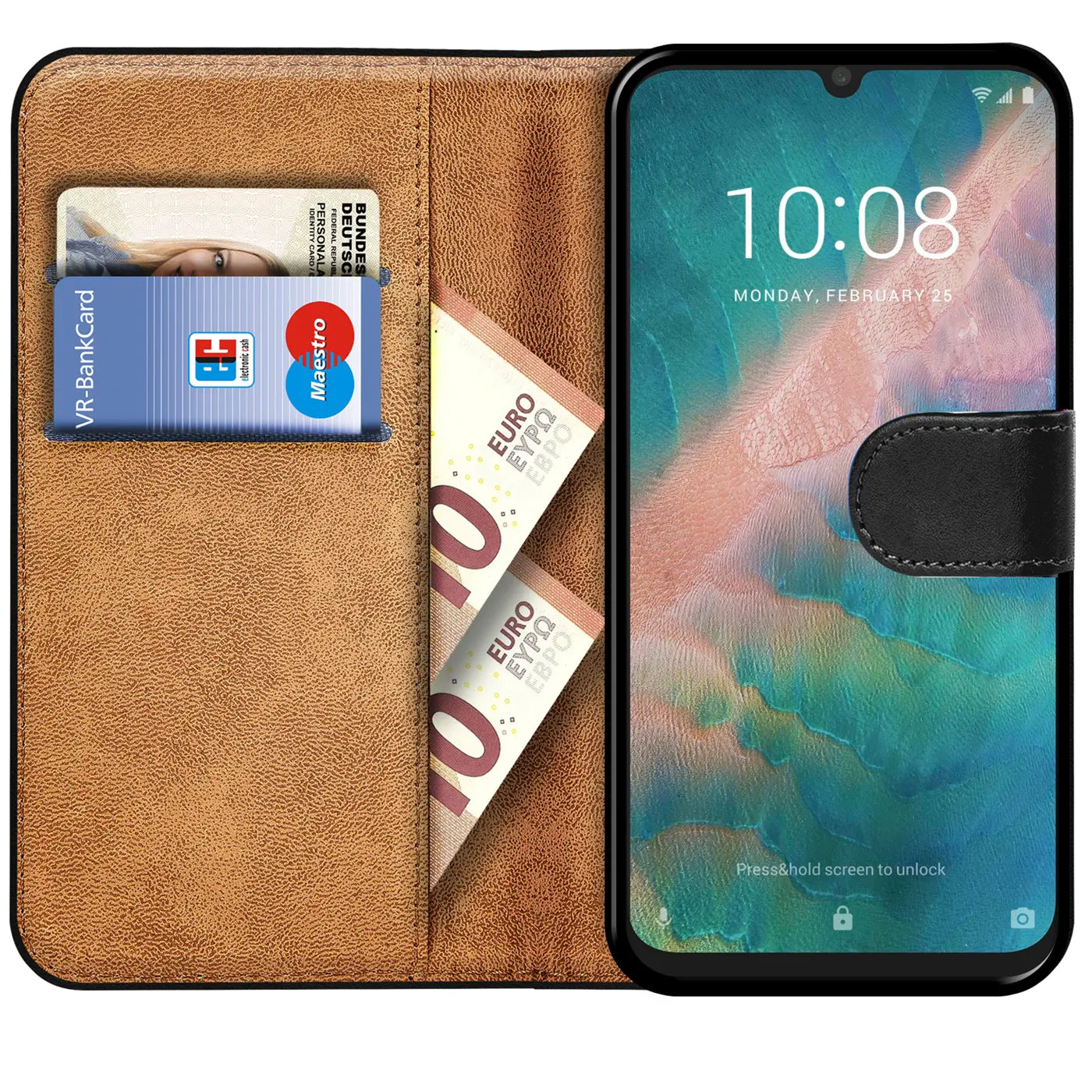 Braune Kunstleder-Klapphülle mit Kartenfächern und Geldscheinfach, zeigt ein ZTE Blade 10.