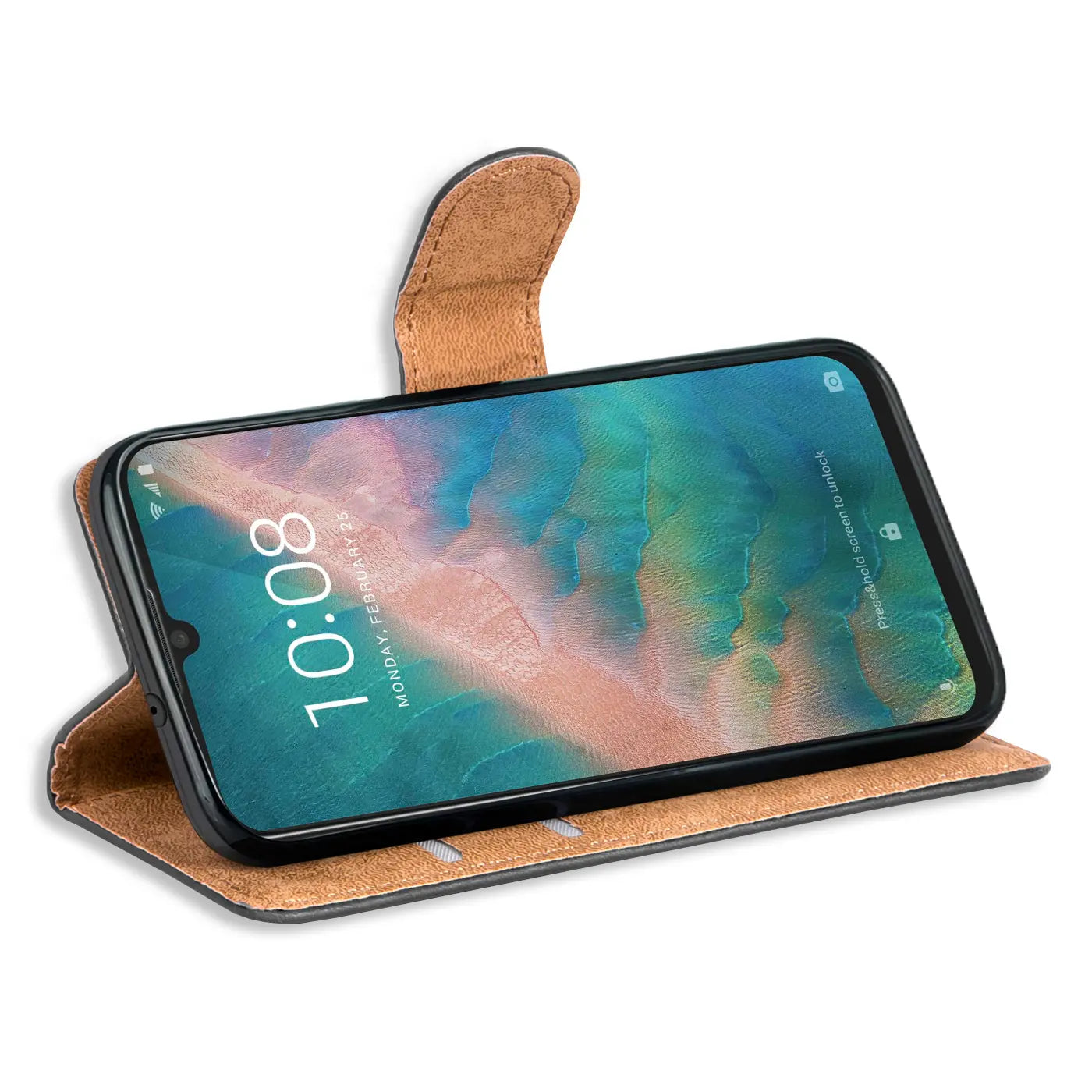 Braune Klapphülle aus Kunstleder mit Kartenfächern, zeigt ZTE Blade 10 von vorne, leicht schräg
