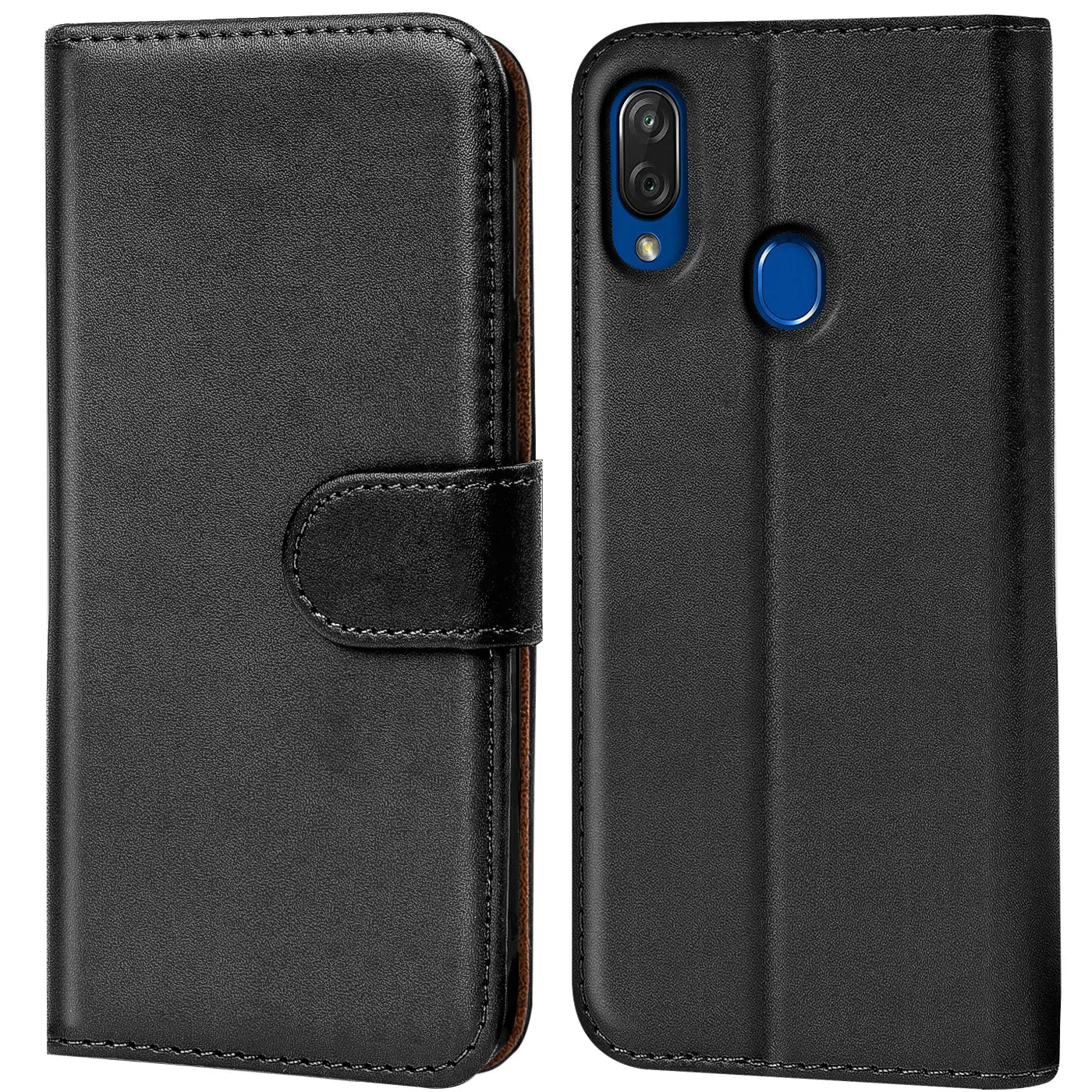 Schwarze Leder-Klapphülle mit Kartenfächern, Vorder- und Rückansicht, für ZTE Blade 10 Vita.
