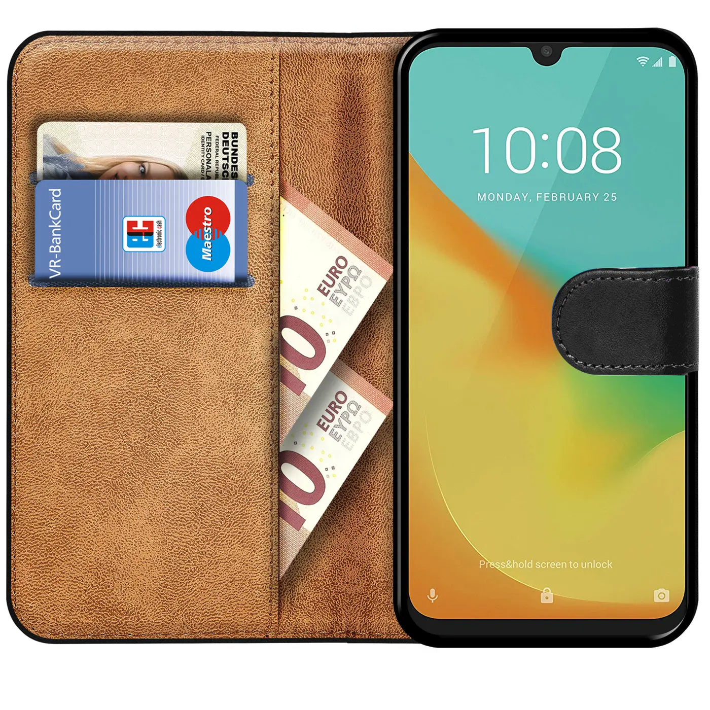 Braune Leder-Klapphülle mit Kartenfächern und ZTE Blade 10 Vita.