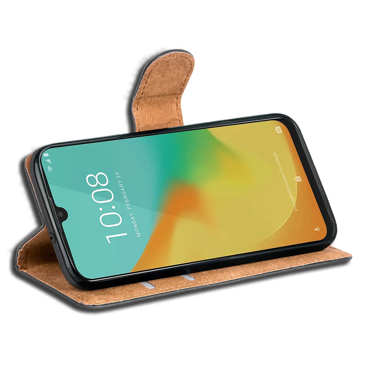 Braune Leder-Klapphülle mit Kartenfächern, seitliche Ansicht, zeigt ZTE Blade 10 Vita.