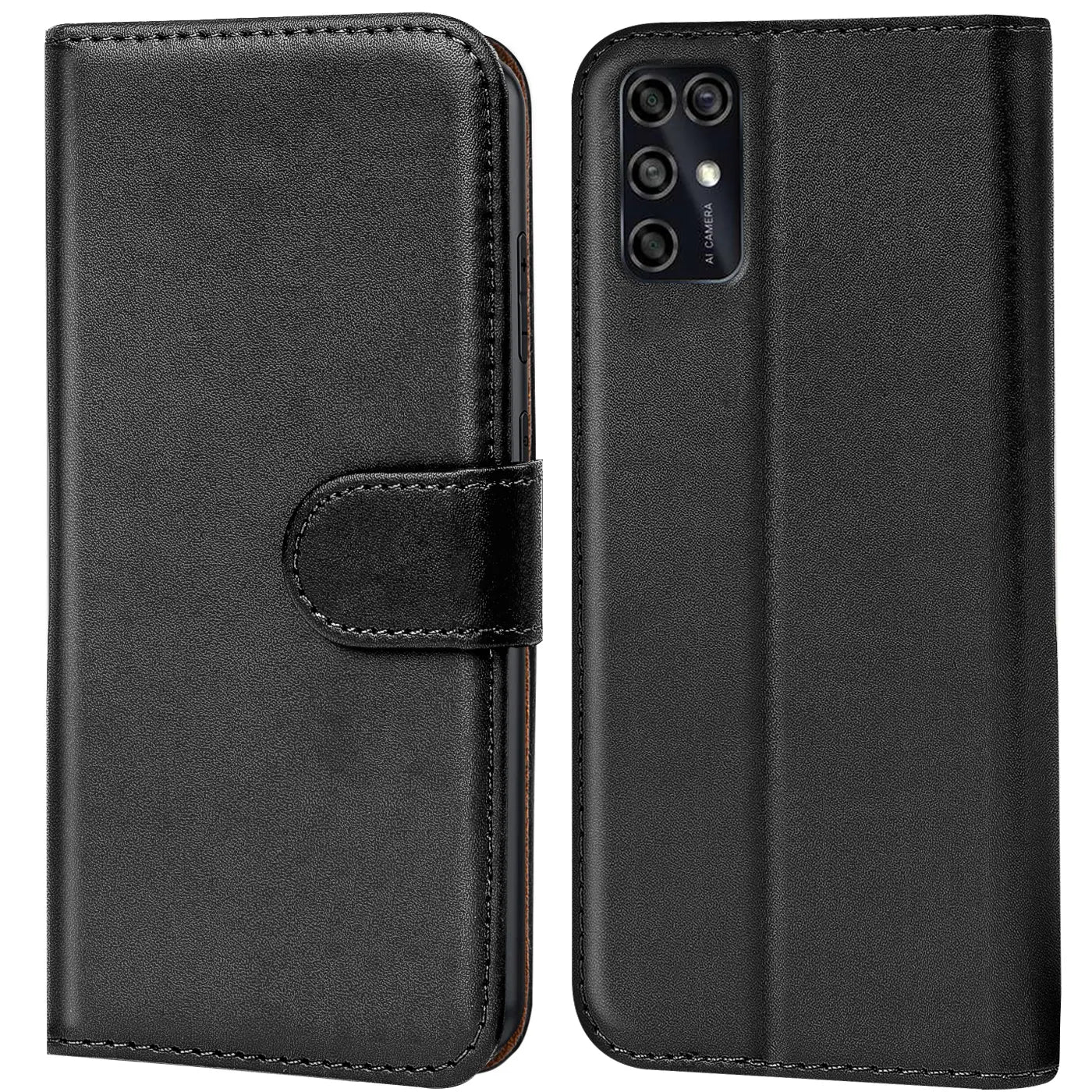 Schwarze Leder-Klapphülle mit Kartenfächern, Vorder- und Rückansicht, für ZTE Blade V2020 Smart.