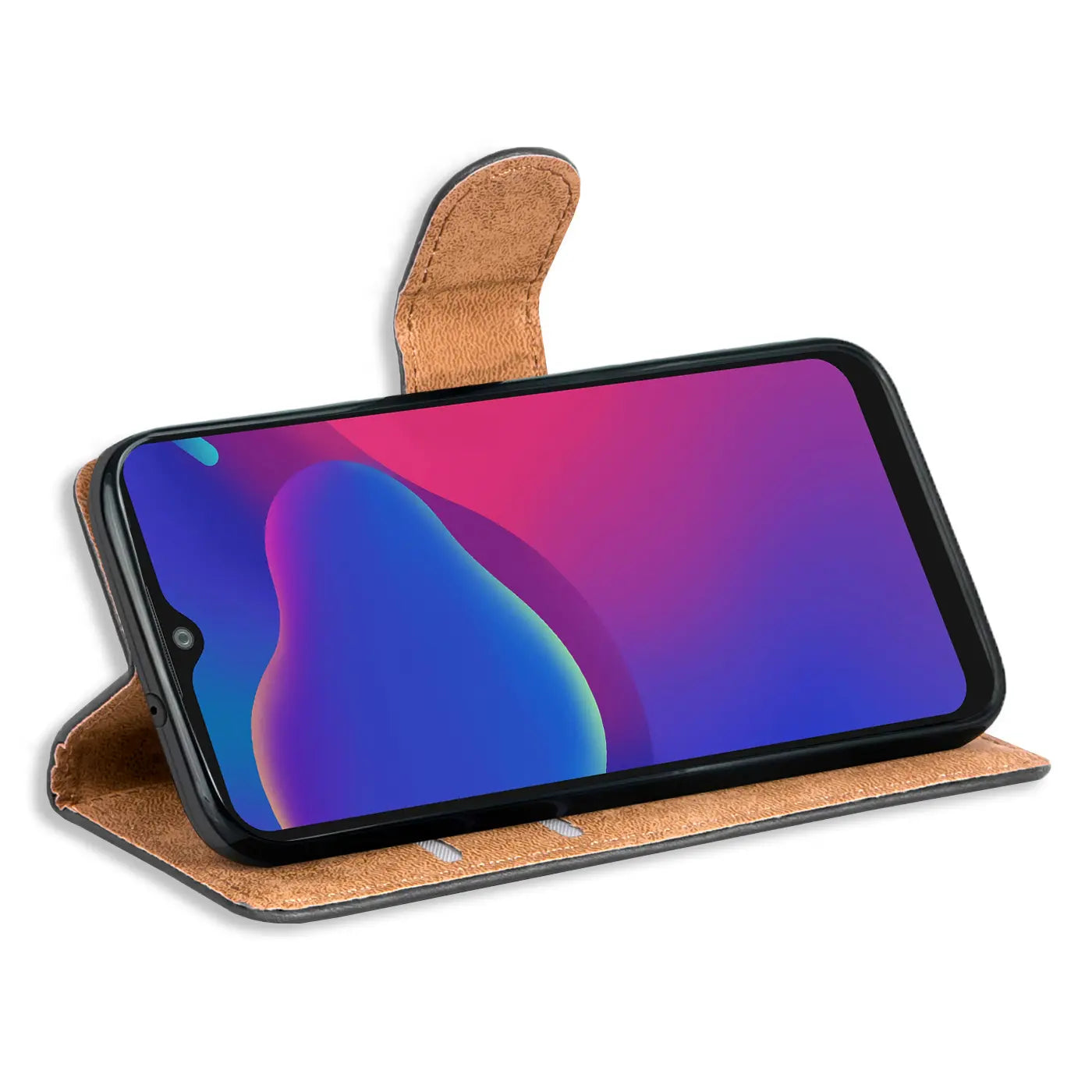 Braune Kunstleder-Klapphülle mit offenem ZTE Blade V2020 Smart, Seitenansicht.