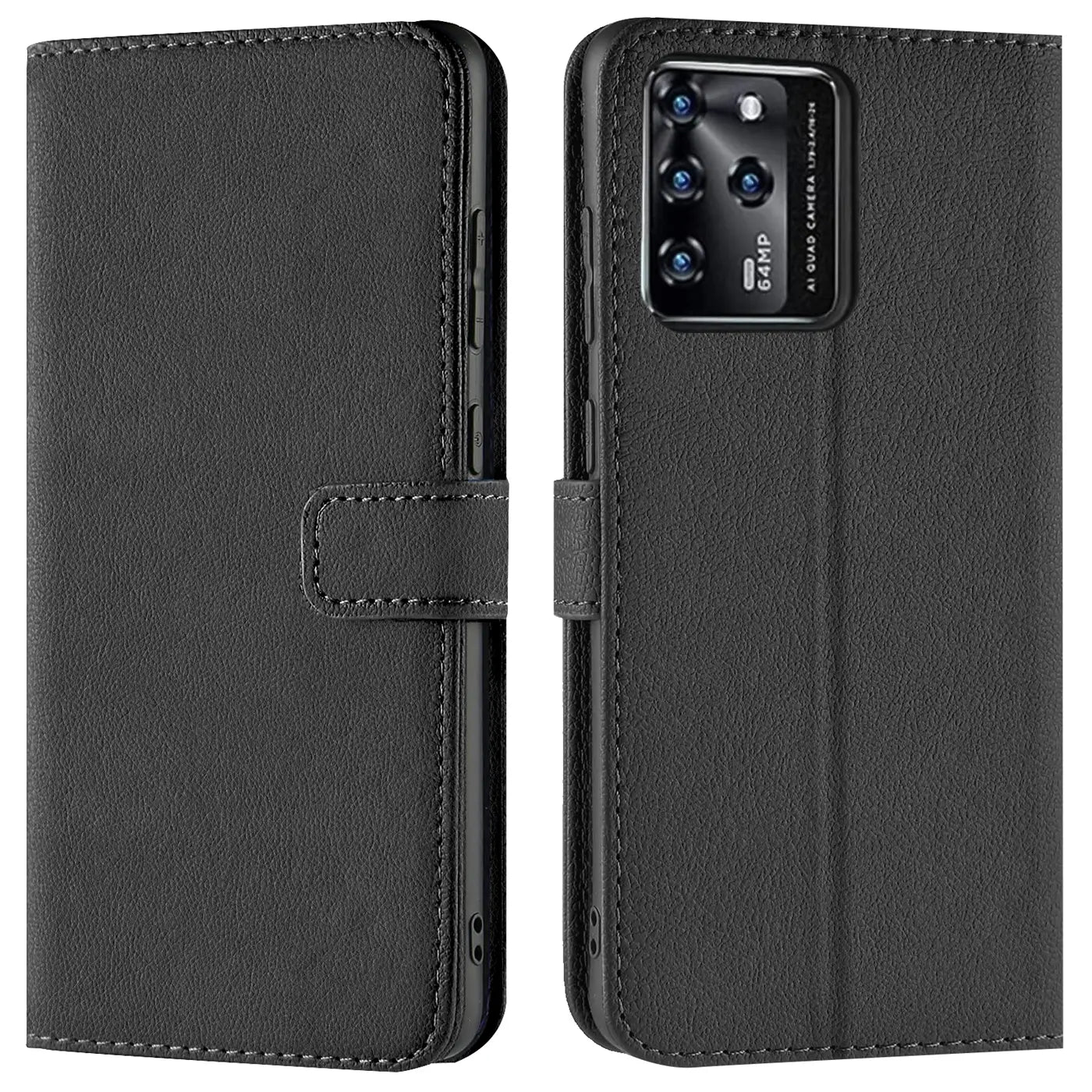 Schwarze Leder-Klapphülle für ZTE Blade V30, Vorder- und Rückansicht