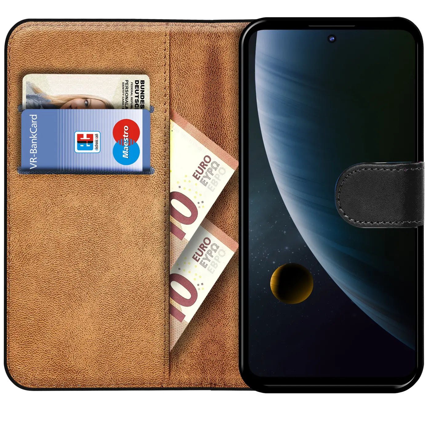 Braune Leder-Klapphülle mit Kartenfächern und Geldscheinen, zeigt ZTE Blade V30.