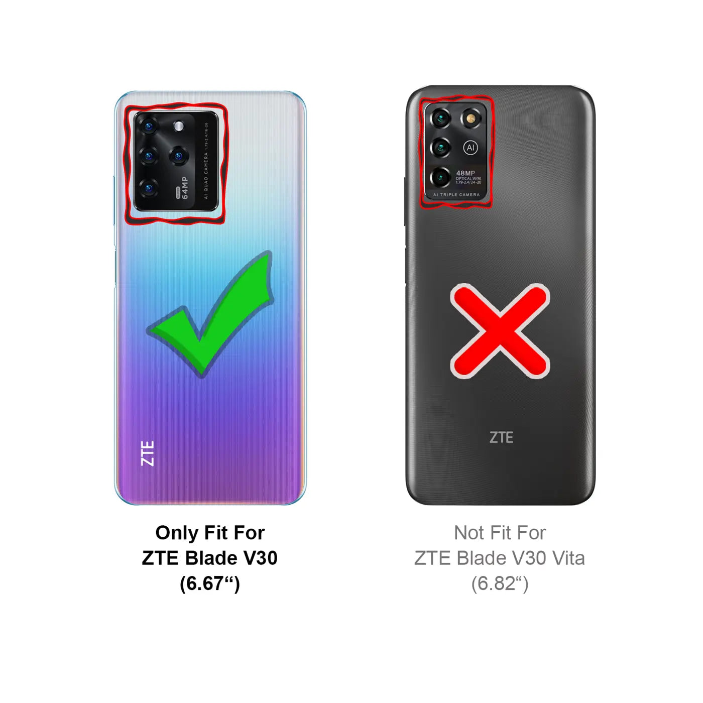 Zwei Rückseiten von ZTE Smartphones, eine mit Haken, eine mit Kreuz.